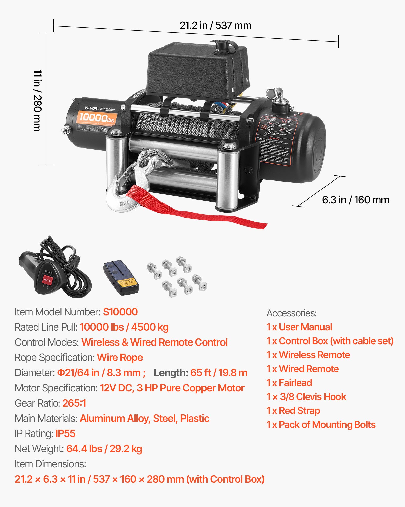 Wyciągarka elektryczna VEVOR, 4500 kg, 12 V DC, do samochodów ciężarowych, z liną stalową Φ 8,3 mm x 19,8 m, z bezprzewodowym i przewodowym pilotem, IP55 do holowania SUV-ów, jeepów, przyczep, łodzi i pojazdów terenowych