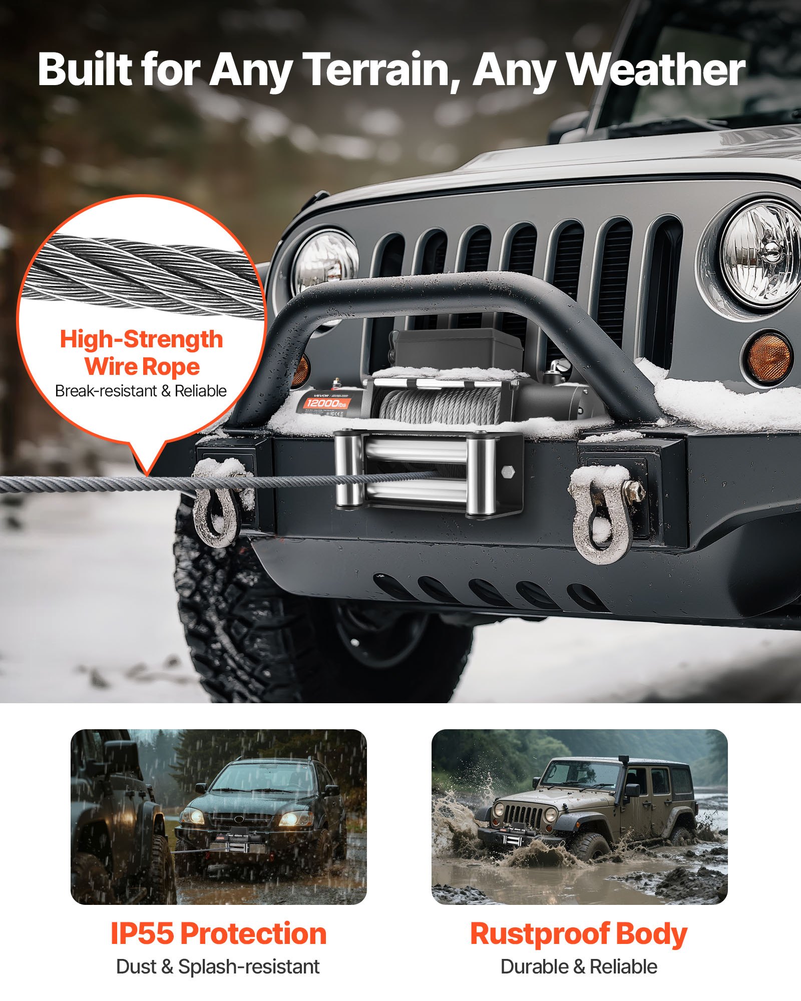 Wyciągarka elektryczna VEVOR, 5400 kg, 12 V DC, z liną stalową o długości 24 m, bezprzewodowym i przewodowym pilotem, IP55, do holowania SUV-ów, jeepów, przyczep, łodzi i pojazdów terenowych