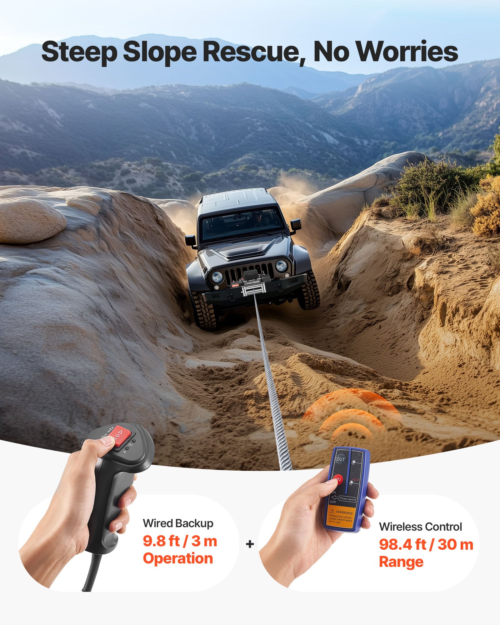 Wyciągarka elektryczna VEVOR, 5400 kg, 12 V DC, z liną stalową o długości 24 m, bezprzewodowym i przewodowym pilotem, IP55, do holowania SUV-ów, jeepów, przyczep, łodzi i pojazdów terenowych