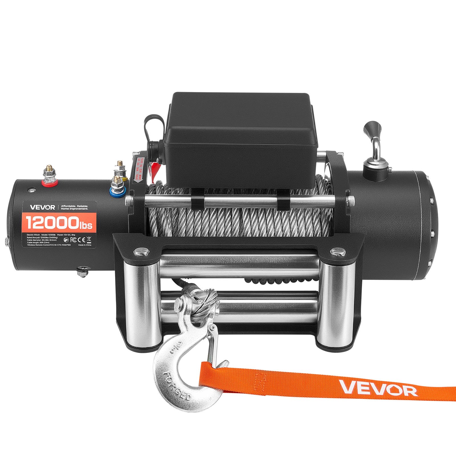 Wyciągarka elektryczna VEVOR, 5400 kg, 12 V DC, z liną stalową o długości 24 m, bezprzewodowym i przewodowym pilotem, IP55, do holowania SUV-ów, jeepów, przyczep, łodzi i pojazdów terenowych