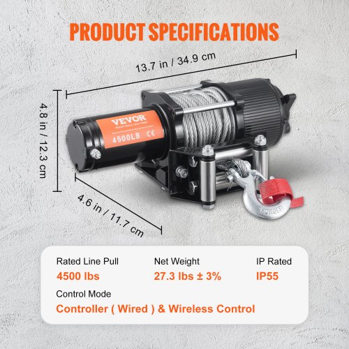 Wciągarka elektryczna VEVOR 12V 4500lbs / 2041kg Kabel wciągarki silnika terenowego Wciągarka elektryczna Stalowa linka z przewodowym pilotem Czarny Idealny do średniej wielkości dużych SUV-ów, ciężarówek, a nawet jachtów