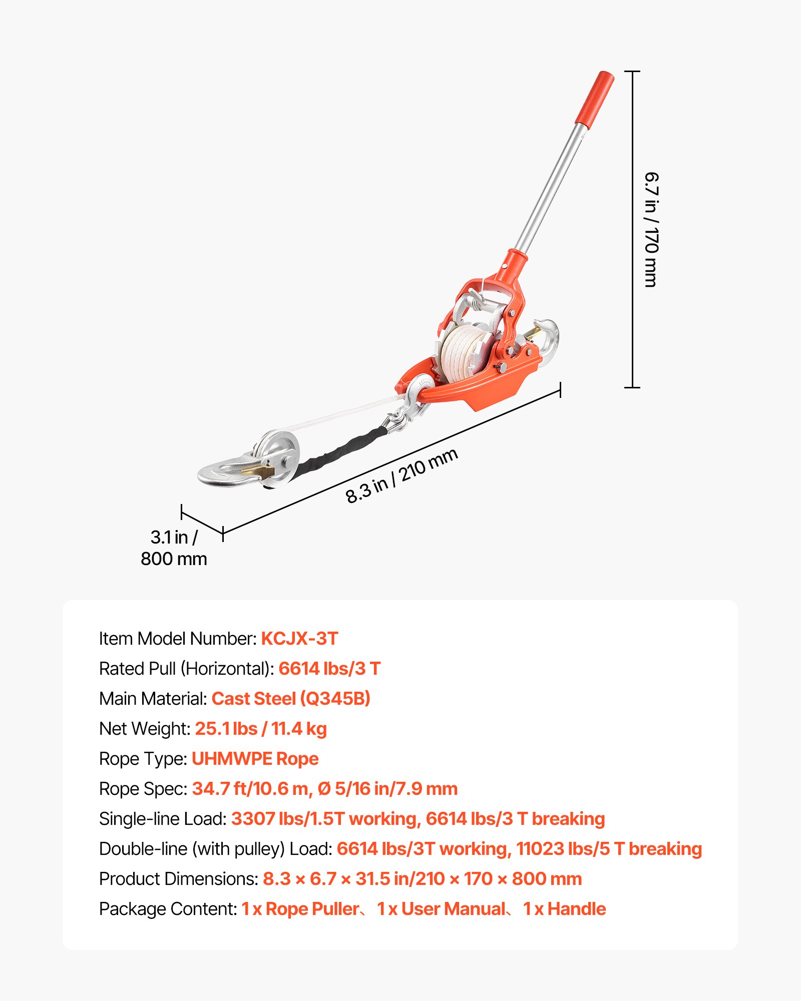 VEVOR Rope Puller, 3 Ton Pulling Capacity, Heavy Duty Ratchet Power Puller Tool with 10.7 m of 8 mm Diameter Rope and 2 Hooks, Come Along Winch for Tree Felling, Moving Boats, Road Recovery