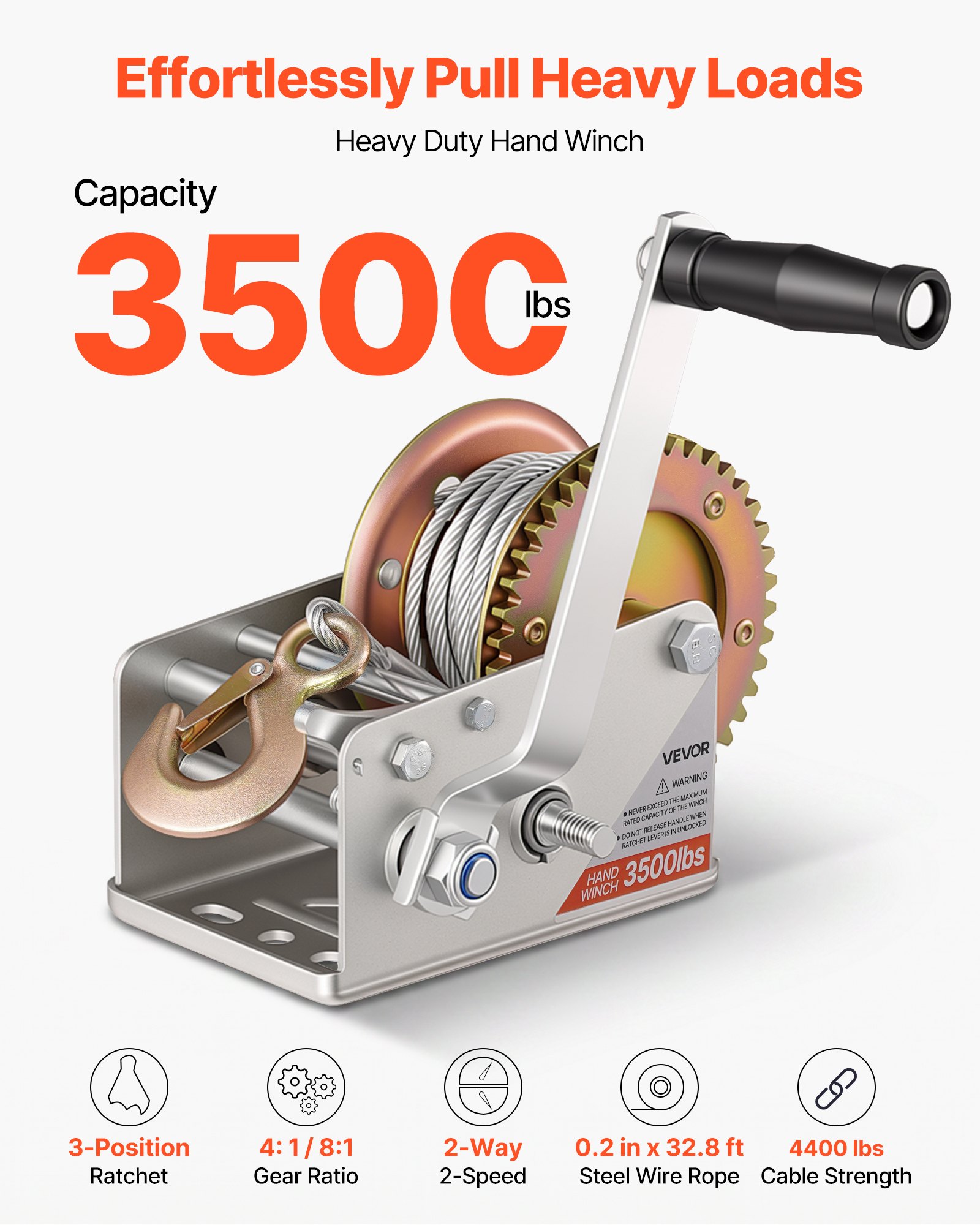 VEVOR Boat Winch, 1588 kg Hand Winch, Heavy Duty Manual Rope Crank with 10m Steel Wire, Portable Two-Way Ratchet, 2 Speed Switchable, Anti-Slip Handle Gear for Boat Trailer ATV Towing