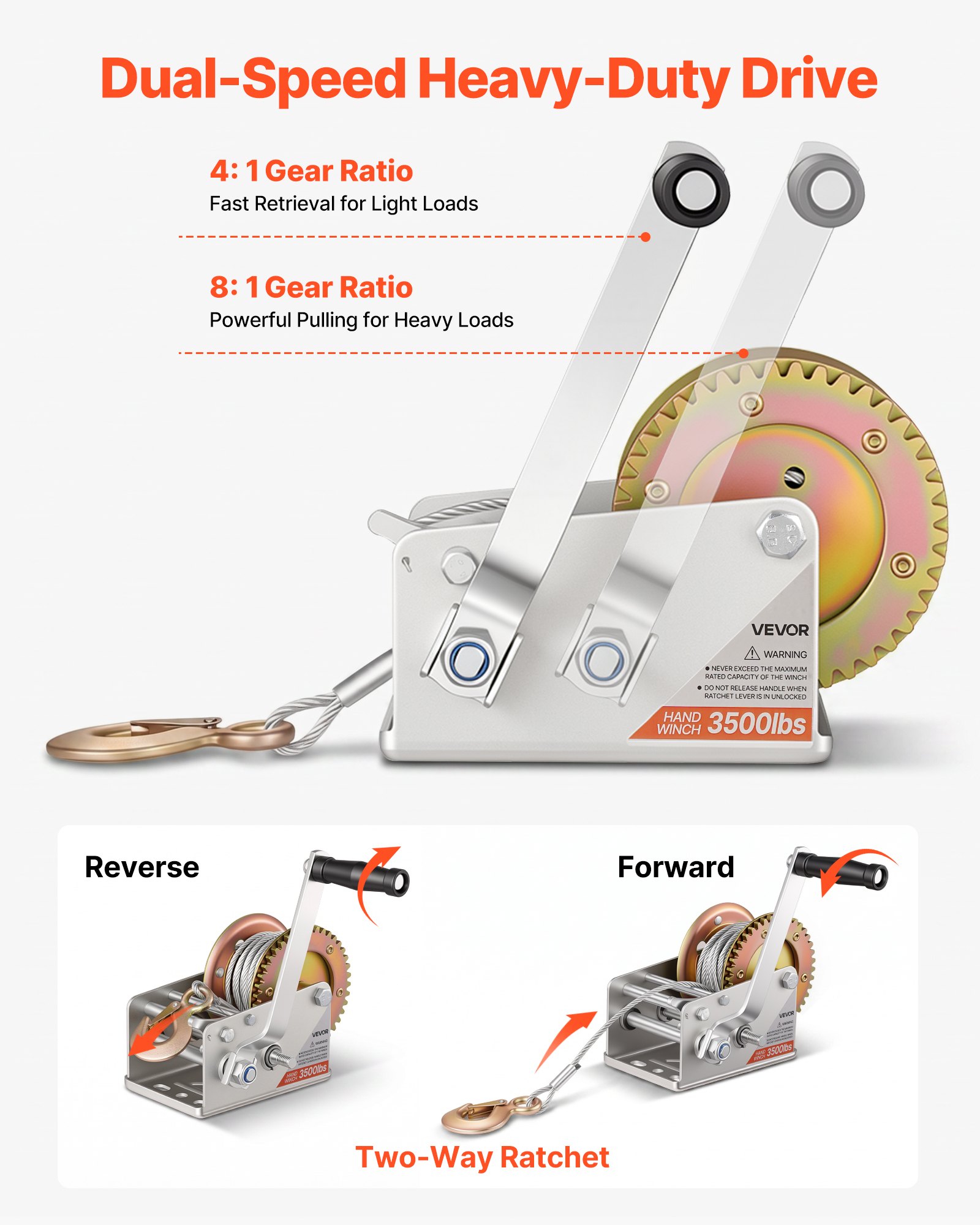 VEVOR Boat Winch, 1588 kg Hand Winch, Heavy Duty Manual Rope Crank with 10m Steel Wire, Portable Two-Way Ratchet, 2 Speed Switchable, Anti-Slip Handle Gear for Boat Trailer ATV Towing