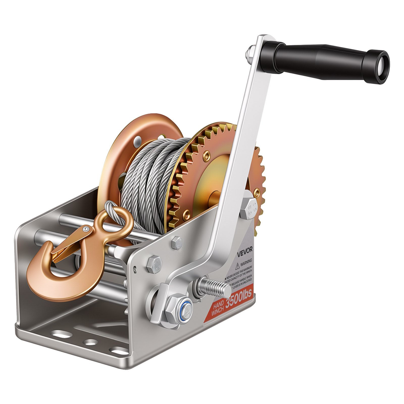 VEVOR Boat Winch, 1588 kg Hand Winch, Heavy Duty Manual Rope Crank with 10m Steel Wire, Portable Two-Way Ratchet, 2 Speed Switchable, Anti-Slip Handle Gear for Boat Trailer ATV Towing