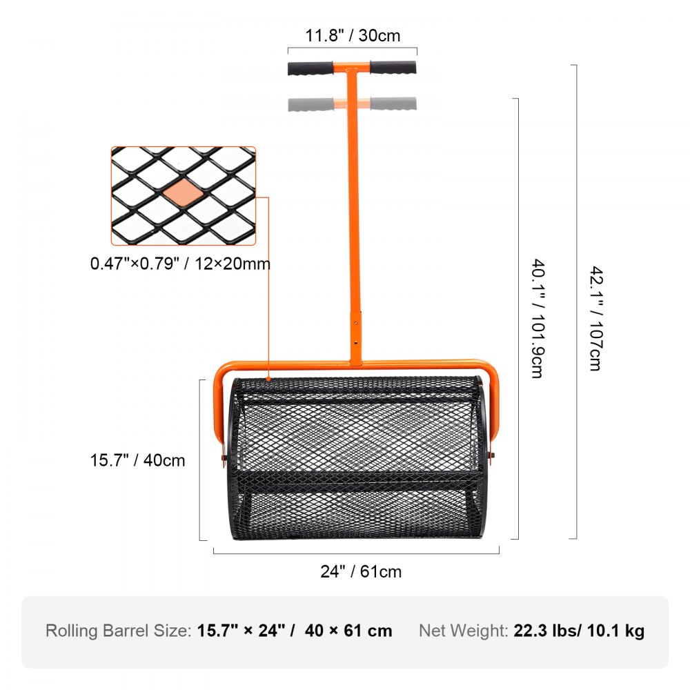 VEVOR Steel Compost Spreader, Peat Moss Spreader, 1.27x2cm Mesh Basket, Garden Lawn Spreader, Handle Length Adjustable from 62 to 67.5cm, 61cm Metal Mesh Basket, Ideal for Fertilizers such as Compost, Manure, Soil, and Peat Moss