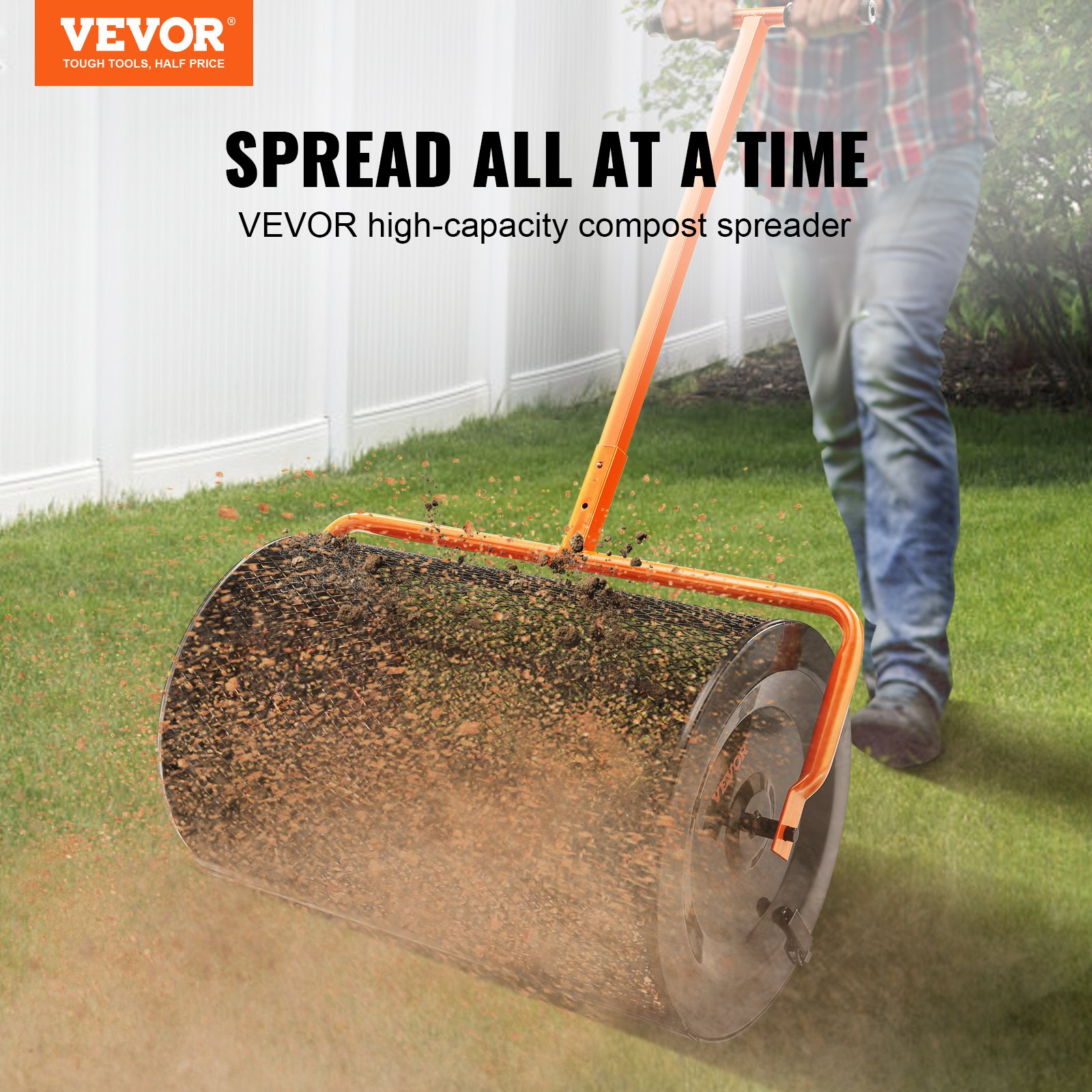 VEVOR Steel Compost Spreader, Peat Moss Spreader, 1.27x2cm Mesh Basket, Garden Lawn Spreader, Handle Length Adjustable from 62 to 67.5cm, 61cm Metal Mesh Basket, Ideal for Fertilizers such as Compost, Manure, Soil, and Peat Moss