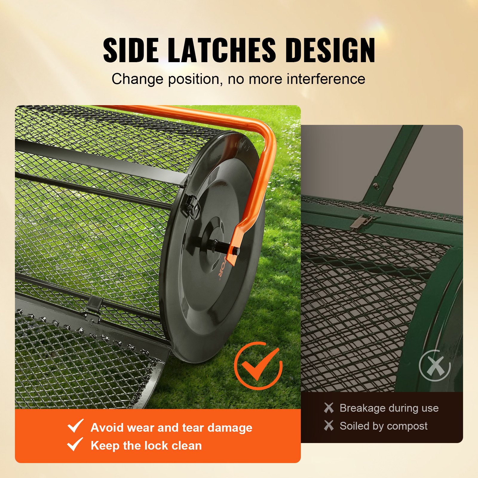 VEVOR Steel Compost Spreader, Peat Moss Spreader, 1.27x2cm Mesh Basket, Garden Lawn Spreader, Handle Length Adjustable from 62 to 67.5cm, 61cm Metal Mesh Basket, Ideal for Fertilizers such as Compost, Manure, Soil, and Peat Moss