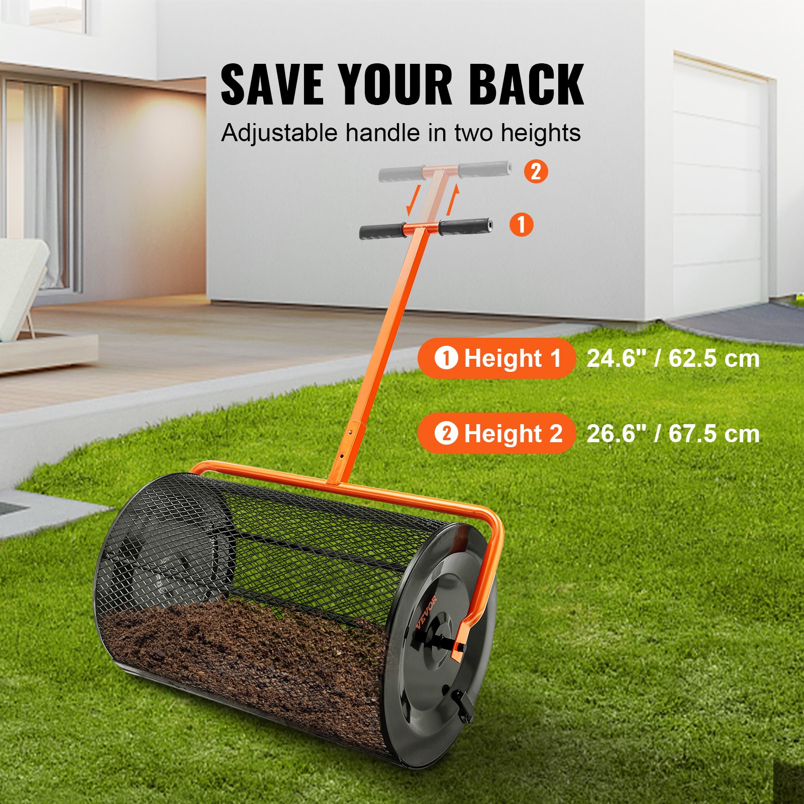 VEVOR Steel Compost Spreader, Peat Moss Spreader, 1.27x2cm Mesh Basket, Garden Lawn Spreader, Handle Length Adjustable from 62 to 67.5cm, 61cm Metal Mesh Basket, Ideal for Fertilizers such as Compost, Manure, Soil, and Peat Moss