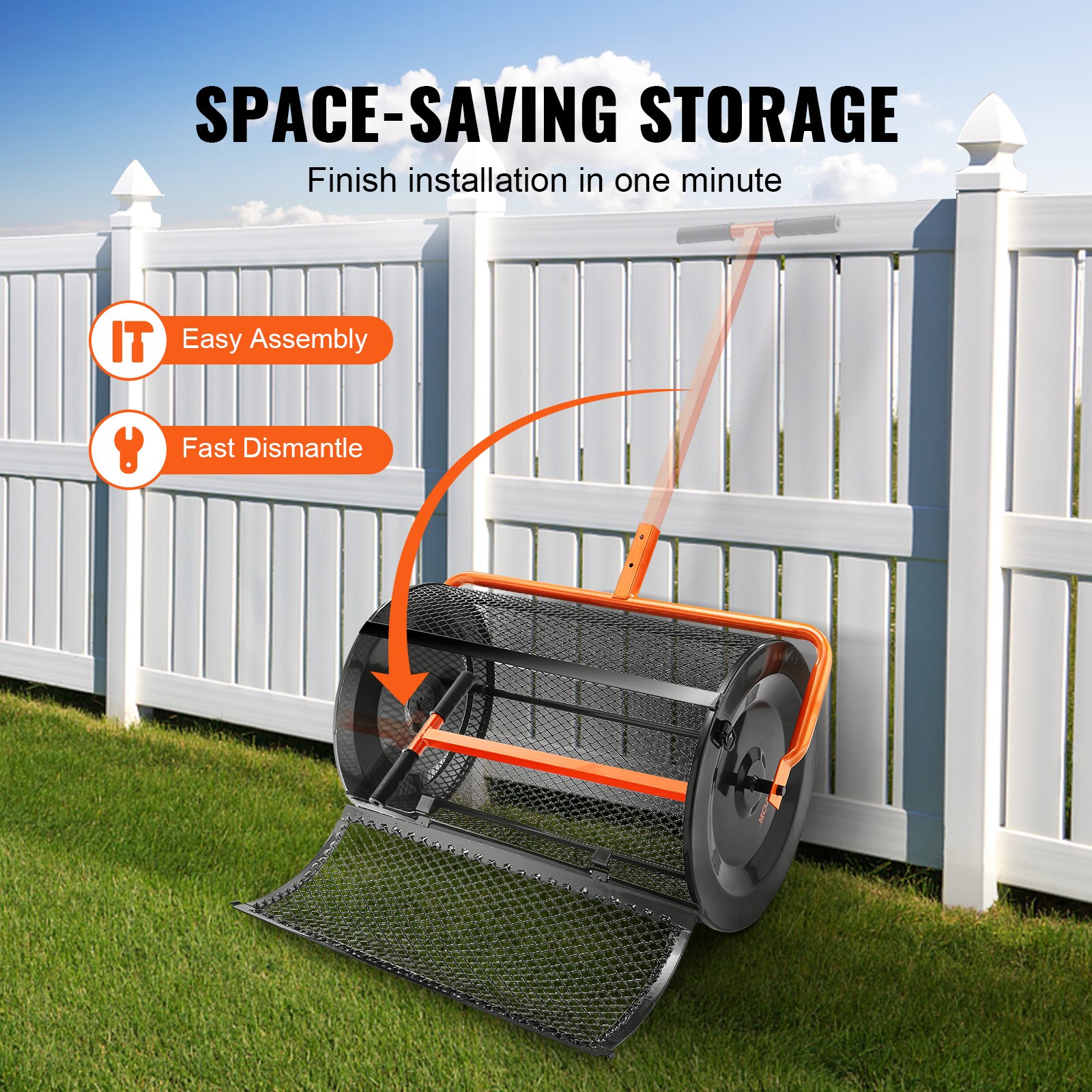 VEVOR Steel Compost Spreader, Peat Moss Spreader, 1.27x2cm Mesh Basket, Garden Lawn Spreader, Handle Length Adjustable from 62 to 67.5cm, 61cm Metal Mesh Basket, Ideal for Fertilizers such as Compost, Manure, Soil, and Peat Moss