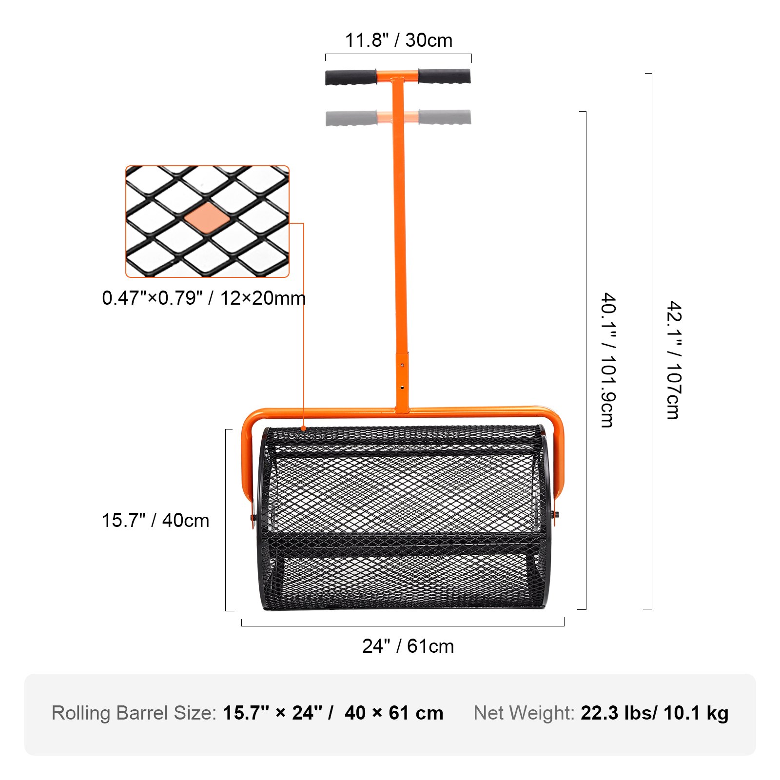 VEVOR Steel Compost Spreader, Peat Moss Spreader, 1.27x2cm Mesh Basket, Garden Lawn Spreader, Handle Length Adjustable from 62 to 67.5cm, 61cm Metal Mesh Basket, Ideal for Fertilizers such as Compost, Manure, Soil, and Peat Moss
