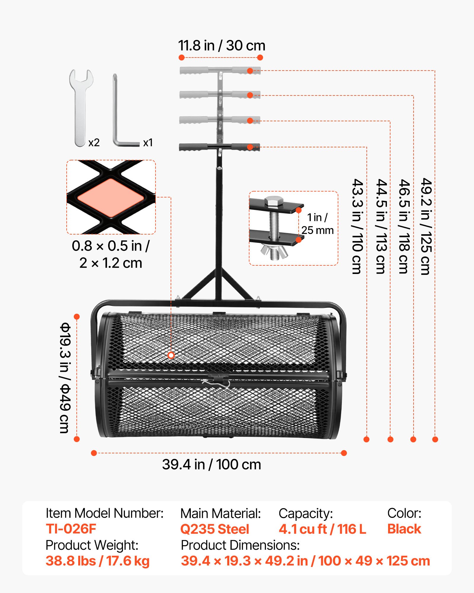 Rozrzutnik kompostu VEVOR 116 l, 91 cm, rozrzutnik torfu z uchwytem do pchania i ciągnięcia, rozrzutnik torfu, 4-stopniowa regulacja wysokości, stalowy wałek kompostowy malowany proszkowo, rozrzutnik obornika do sadzenia i siewu, czarny
