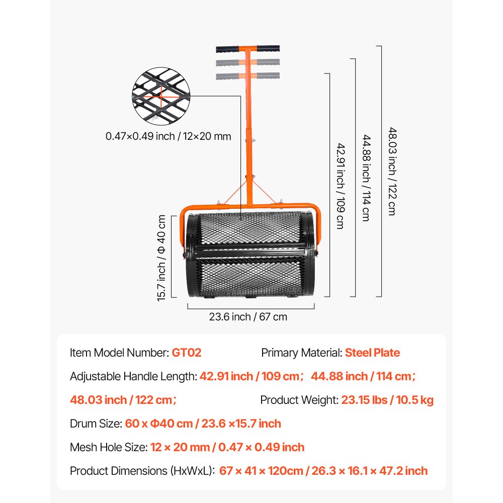 Rozsiewacz nasion VEVOR, rozsiewacz kompostu o szerokości 67 cm z uchwytem w kształcie litery T, rozsiewacz torfu, 3 wysokości regulowane, stal malowana proszkowo, wytrzymały rozsiewacz nawozu do sadzenia i siewu