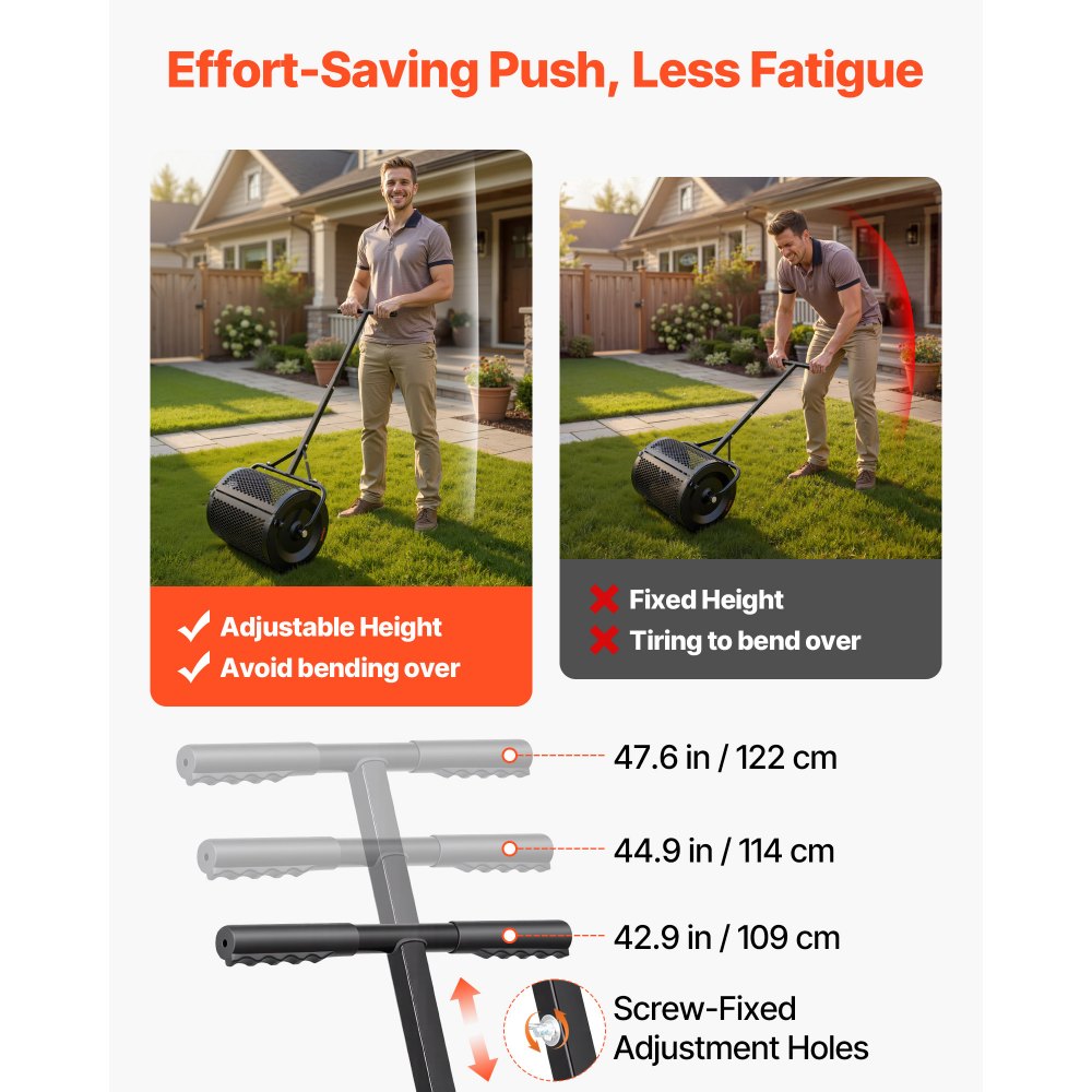 Rozrzutnik kompostu VEVOR 34 l, szerokość 42 cm, rozrzutnik torfu z uchwytem w kształcie litery T, rozrzutnik torfu, 3-stopniowa regulacja wysokości, stalowy wałek kompostowy malowany proszkowo, rozrzutnik obornika do sadzenia i siewu, czarny