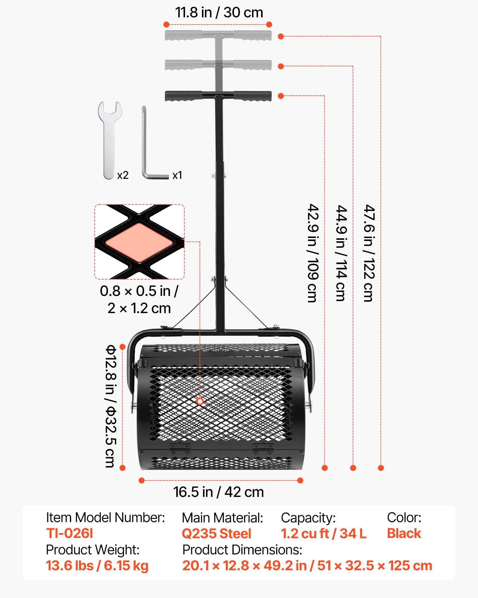 Rozrzutnik kompostu VEVOR 34 l, szerokość 42 cm, rozrzutnik torfu z uchwytem w kształcie litery T, rozrzutnik torfu, 3-stopniowa regulacja wysokości, stalowy wałek kompostowy malowany proszkowo, rozrzutnik obornika do sadzenia i siewu, czarny