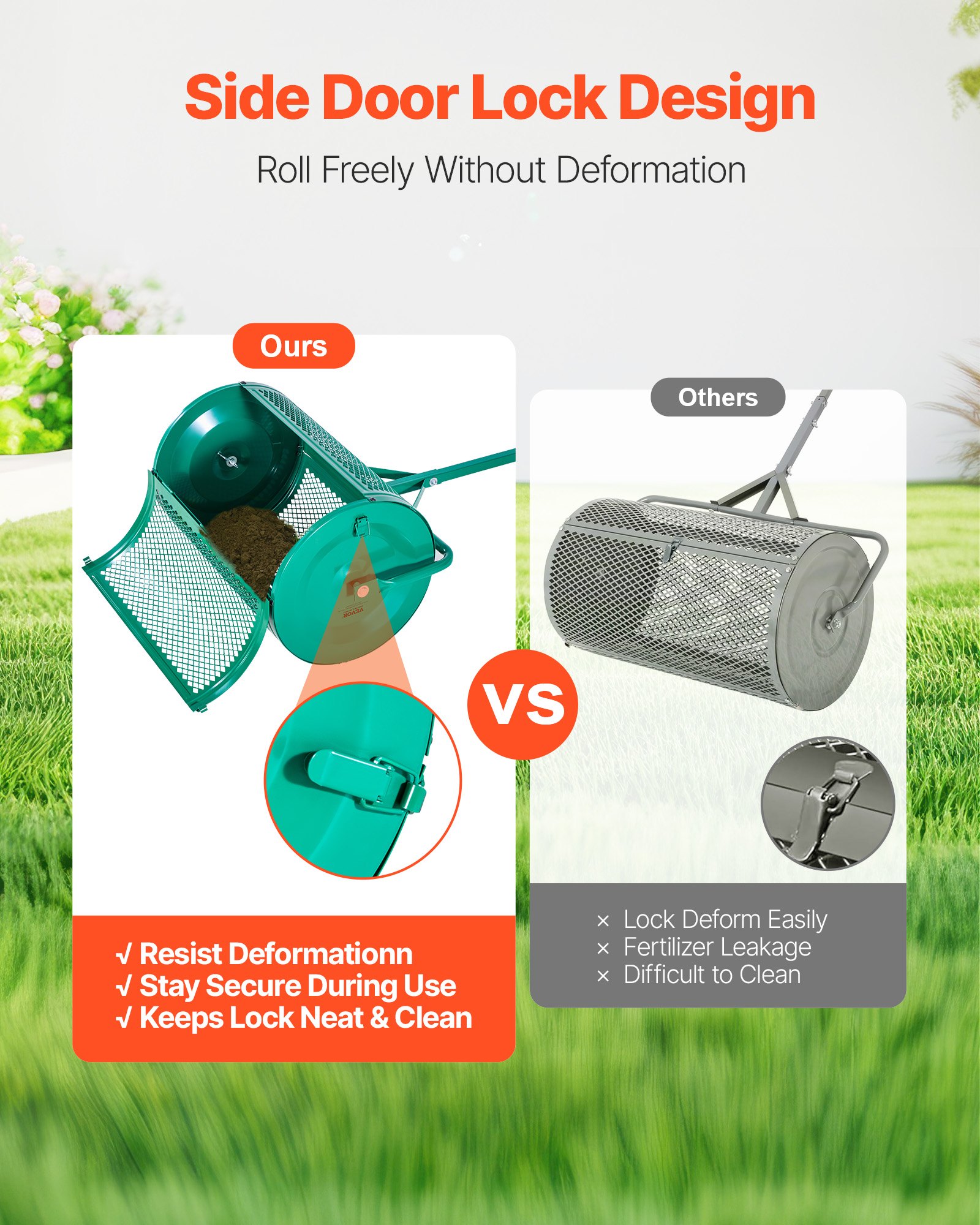 Rozsiewacz nasion VEVOR, rozsiewacz kompostu o szerokości 67 cm z uchwytem do pchania/holowania, rozsiewacz torfu z 4 regulowanymi wysokościami, rozsiewacz ogrodowy, wytrzymały rozsiewacz nasion trawy do sadzenia i siewu