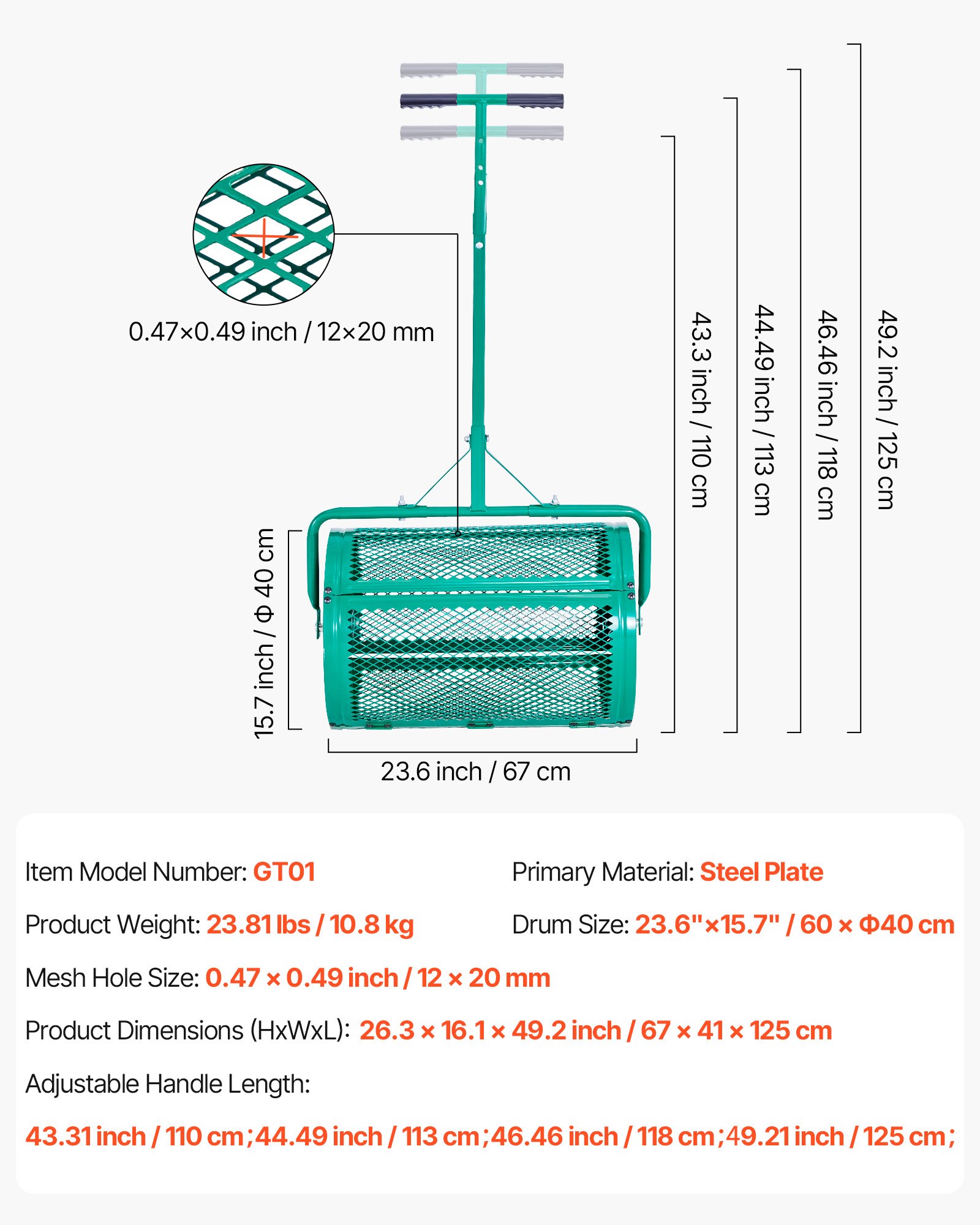 Rozsiewacz nasion VEVOR, rozsiewacz kompostu o szerokości 67 cm z uchwytem do pchania/holowania, rozsiewacz torfu z 4 regulowanymi wysokościami, rozsiewacz ogrodowy, wytrzymały rozsiewacz nasion trawy do sadzenia i siewu