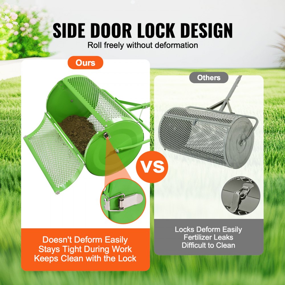 Rozrzutnik kompostu i torfu VEVOR, 61 cm, pchany/holowany rozrzutnik do trawników z regulowaną wysokością uchwytu w kształcie litery T, rozrzutnik ogrodowy ze stalowym koszem siatkowym do rozrzucania obornika i wierzchniej warstwy gleby, zielony