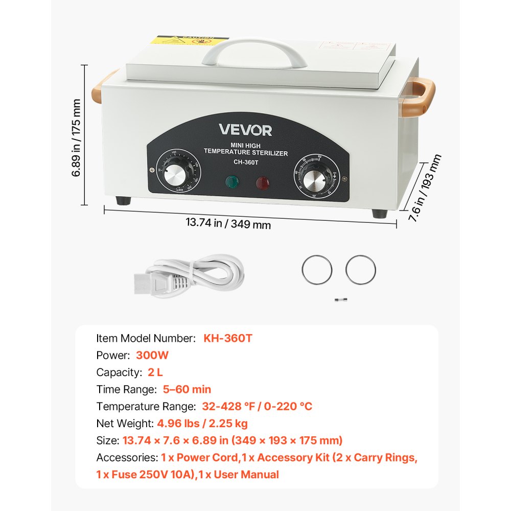 Autoklaw wysokotemperaturowy VEVOR 2L 300W, urządzenie czyszczące w wysokiej temperaturze z regulacją temperatury i czasu, szafka na suche ciepło, sterylizator do narzędzi do paznokci, do domowych laboratoriów
