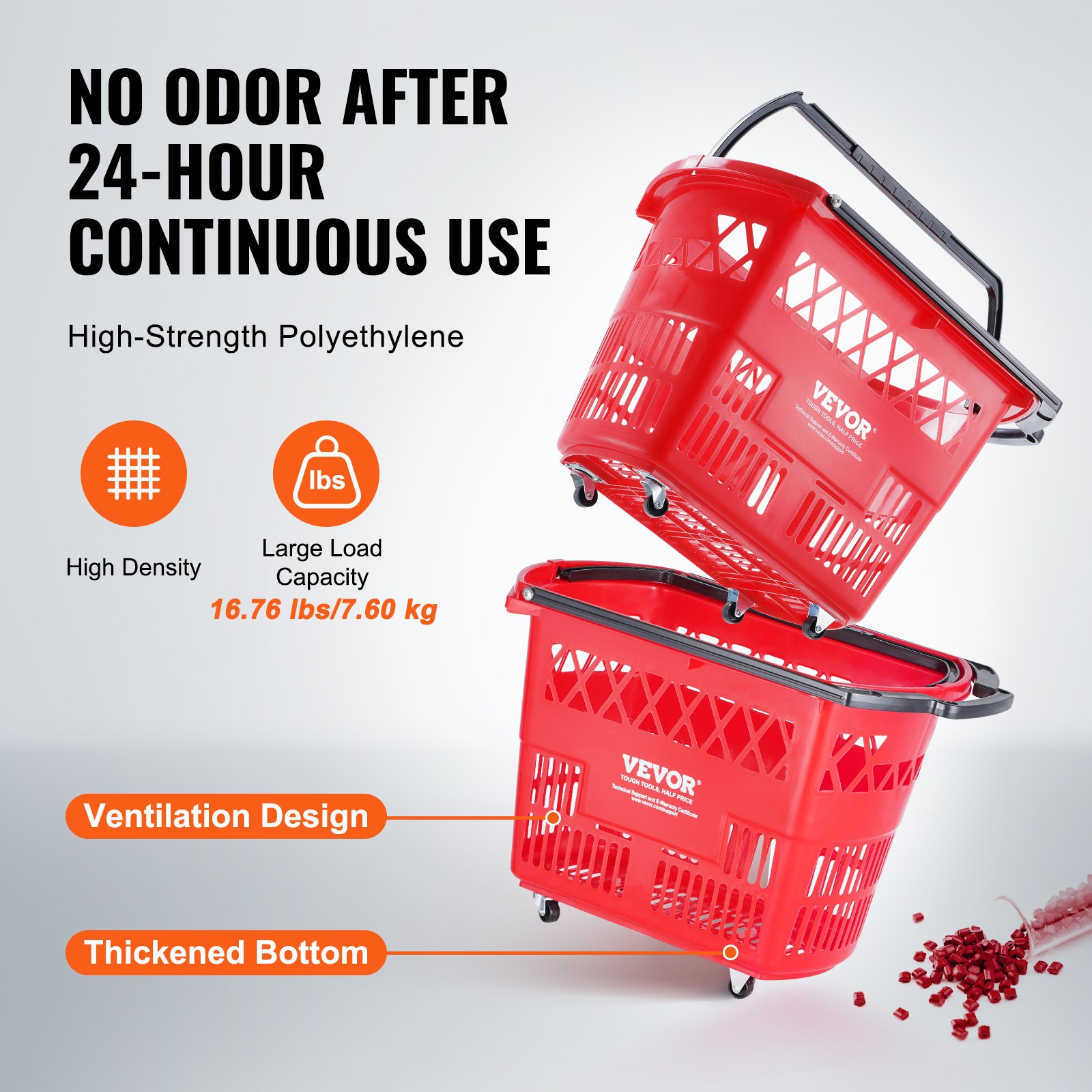 Koszyki zakupowe VEVOR, 6 szt., wózek zakupowy 39 l z uchwytami, plastikowy kosz zakupowy na kółkach, duży, przenośny zestaw koszyków zakupowych do supermarketów i sklepów detalicznych