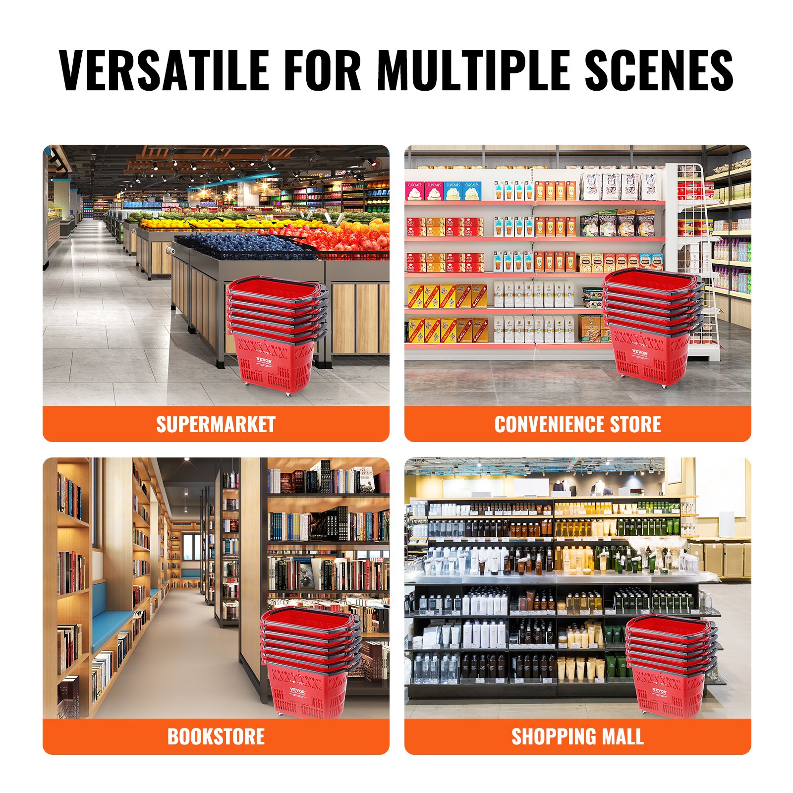 Koszyki zakupowe VEVOR, 6 szt., wózek zakupowy 39 l z uchwytami, plastikowy kosz zakupowy na kółkach, duży, przenośny zestaw koszyków zakupowych do supermarketów i sklepów detalicznych