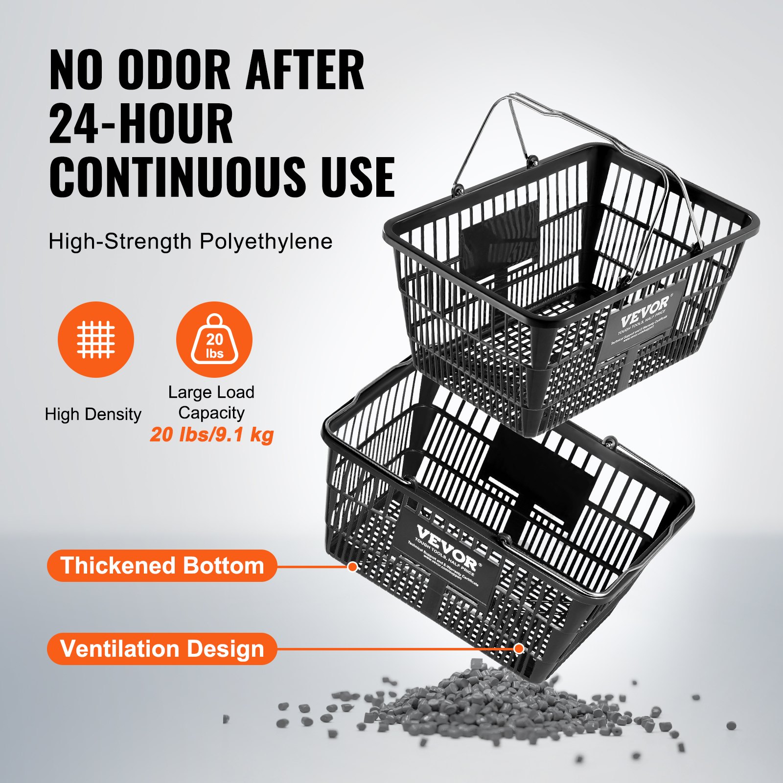 Koszyk zakupowy VEVOR, zestaw 12 sztuk, 21 l, wytrzymały, plastikowy kosz zakupowy z metalowym uchwytem i stojakiem, 42 x 30 x 21 cm, przenośny kosz zakupowy do sklepów detalicznych i supermarketów