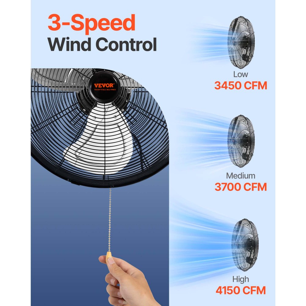 VEVOR Wall Fan, 57 cm, Waterproof Oscillating Wall Fan, 3 Speeds, 4150 CFM, Commercial/Residential Fan for Cooling Warehouses, Greenhouses, Workshops, and Patios, Black
