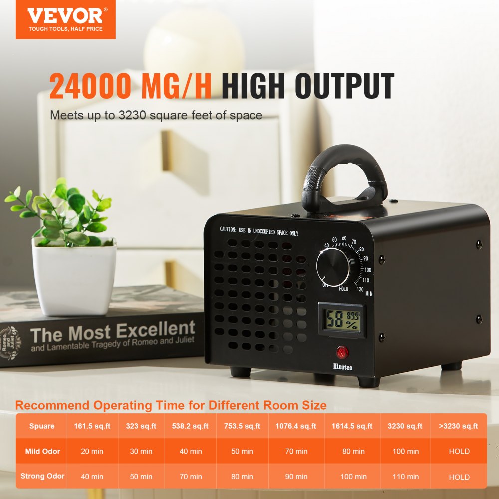 Generator ozonu VEVOR 24000 mg/h Ozonator 100 W Oczyszczacz powietrza 300 m² Urządzenie ozonowe Renowacja budynku Timer 0-120 minut Dezodoryzator Generator ozonu Wyświetlacz wilgotności Inteligentny monitoring klimatu w pomieszczeniach