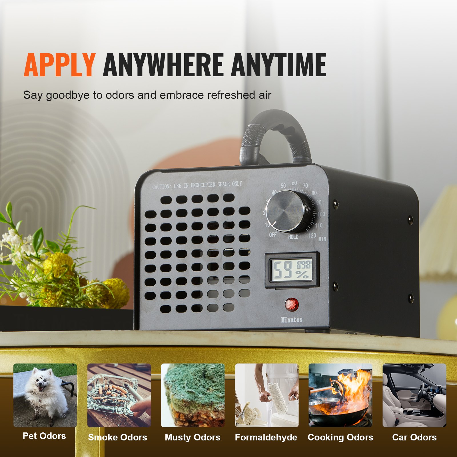 Generator ozonu VEVOR 24000 mg/h Ozonator 100 W Oczyszczacz powietrza 300 m² Urządzenie ozonowe Renowacja budynku Timer 0-120 minut Dezodoryzator Generator ozonu Wyświetlacz wilgotności Inteligentny monitoring klimatu w pomieszczeniach