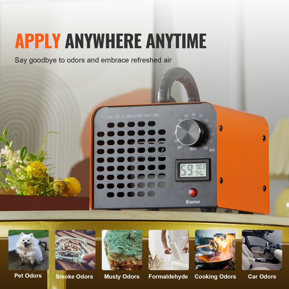 Generator ozonu VEVOR 12000 mg/h Ozonator 80 W Oczyszczacz powietrza 300 m² Urządzenie ozonowe Renowacja budynku Timer 0-120 minut Dezodoryzator Generator ozonu Wyświetlacz wilgotności Inteligentny monitoring klimatu w pomieszczeniach