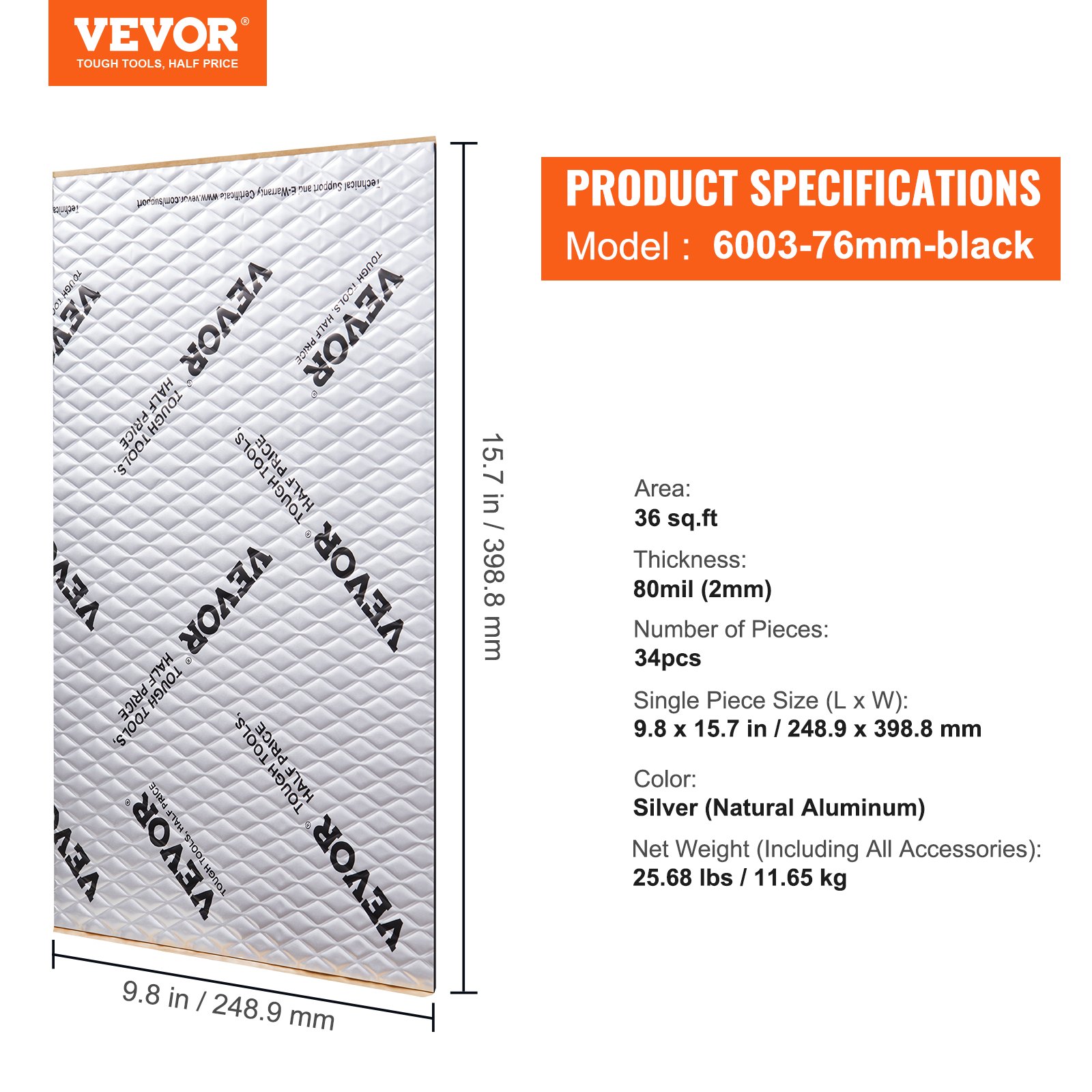 VEVOR 34-częściowy zestaw mat izolacyjnych do samochodów, 3,3 m², maty antyhałasowe, 248,9 x 398,8 mm, izolacja pojazdu, grubość 80 mil (2 mm), folia aluminiowa, mata wygłuszająca, odporna na ciepło, ochrona przed hałasem, izolacja akustyczna, wygłuszenie