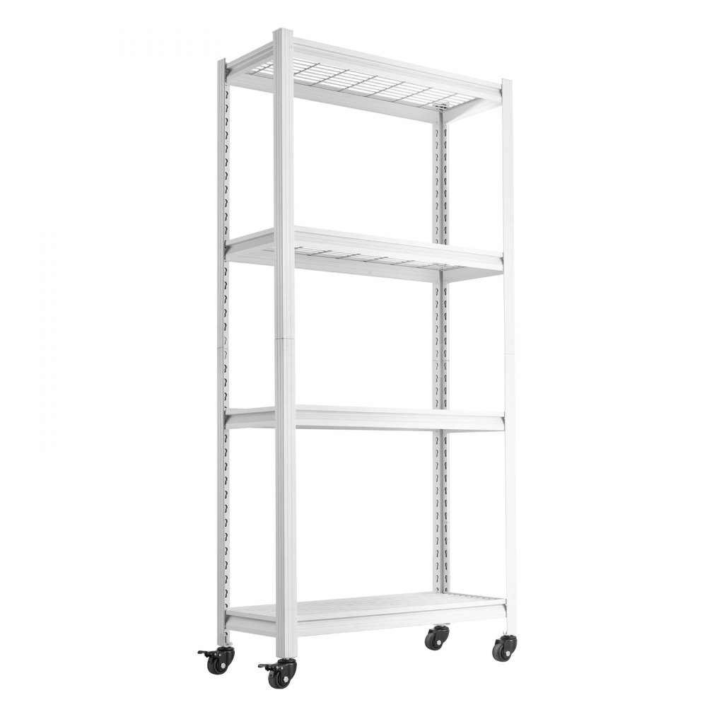 Regał półkowy VEVOR z 4 poziomami, 762 x 313 x 1600 mm, nośność 362 kg, kolor biały, z kółkami do magazynu, garażu, piwnicy i domu, konstrukcja stalowa, półki z regulacją wysokości, panele z siatki drucianej