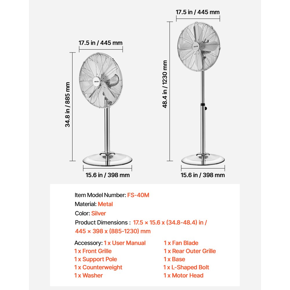 Wentylator stojący VEVOR φ44,5 cm, wentylator przemysłowy z uchwytem, ​​oscylacja 75°, regulowana wysokość od 88,5 do 123 cm, metalowa maszyna wiatrowa, odpowiedni do użytku komercyjnego, garażu, warsztatu i domu, srebrny