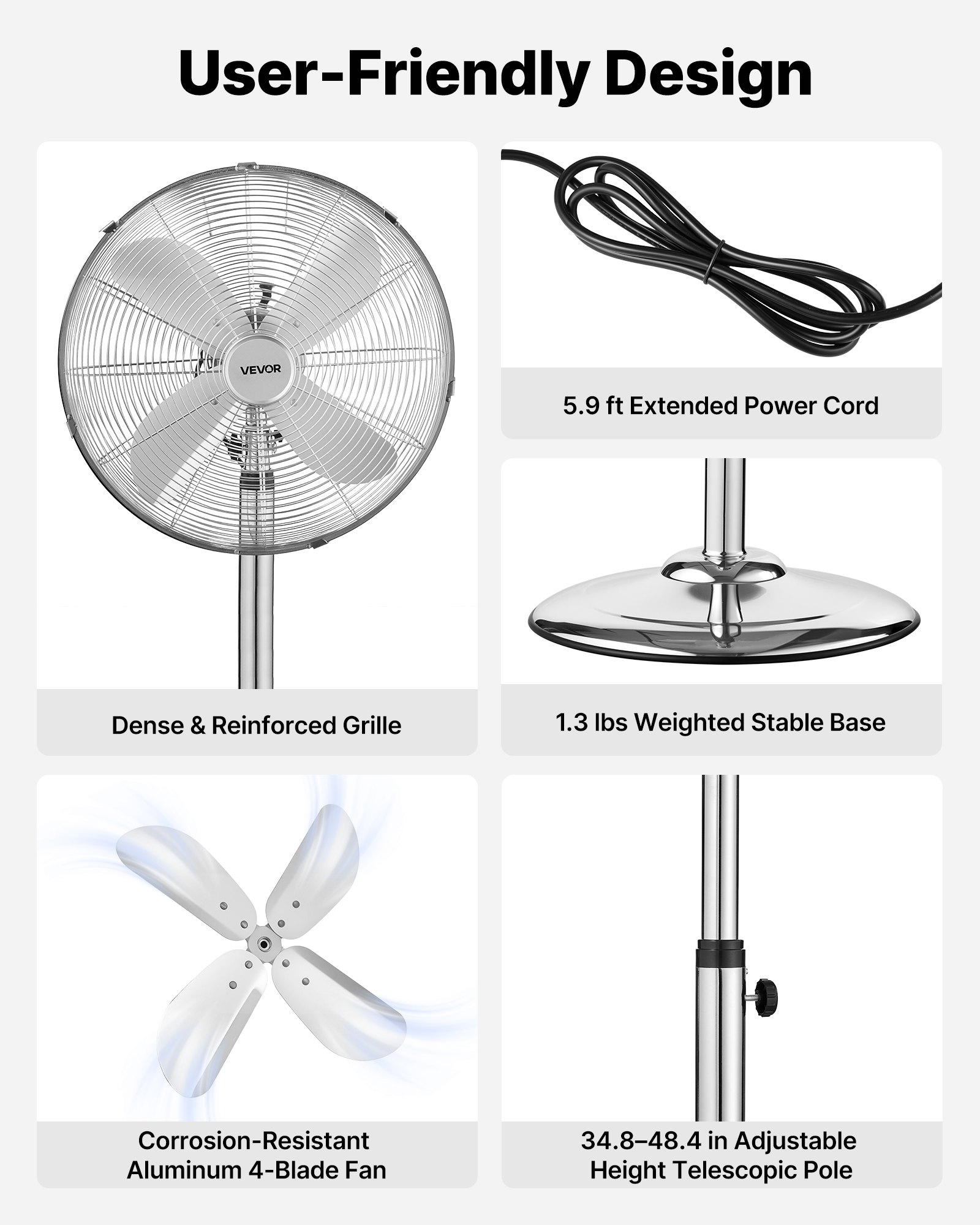 Wentylator stojący VEVOR φ44,5 cm, wentylator przemysłowy z uchwytem, ​​oscylacja 75°, regulowana wysokość od 88,5 do 123 cm, metalowa maszyna wiatrowa, odpowiedni do użytku komercyjnego, garażu, warsztatu i domu, srebrny