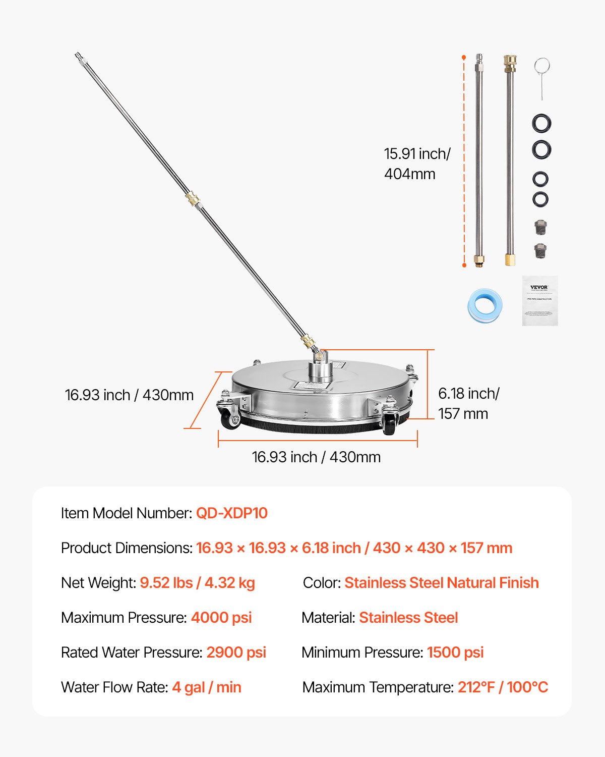 Myjka ciśnieniowa VEVOR 430 mm, myjka powierzchniowa ze stali nierdzewnej z 4 kółkami, maks. 4000 PSI, szybkozłącze 1/4 cala, 2 dysze natryskowe, 2 przedłużone lance do betonu, patio, tarasu
