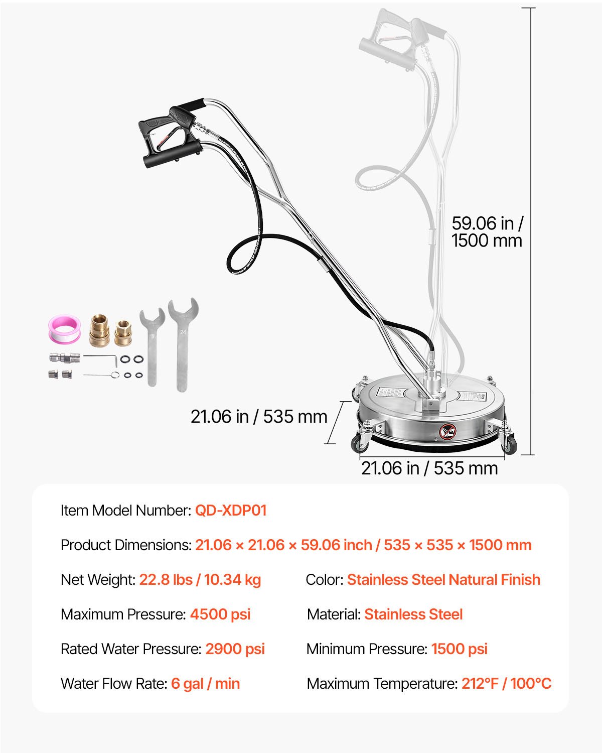Myjka ciśnieniowa VEVOR 535 mm, myjka powierzchniowa ze stali nierdzewnej, maks. ciśnienie 310 barów, złącze 0,95 cm, podwójna rączka, 2 dysze, spryskiwacz do betonowych tarasów