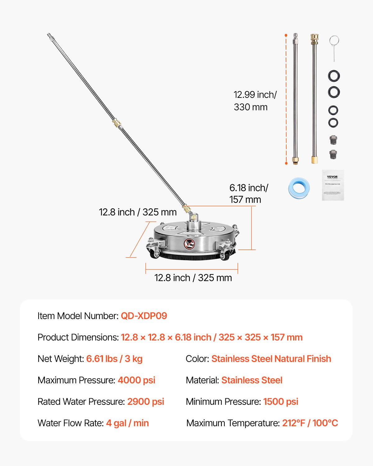 Myjka ciśnieniowa VEVOR 325 mm, urządzenie do czyszczenia powierzchni, urządzenie do czyszczenia powierzchni ze stali nierdzewnej z 4 kółkami, maks. 4000 PSI, szybkozłącze 6,35 mm, 2 dysze natryskowe, 2 przedłużone dysze do betonu, patio, tarasu