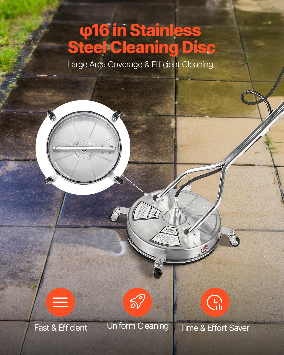 Myjka ciśnieniowa VEVOR 465 mm, urządzenie do czyszczenia powierzchni, urządzenie ze stali nierdzewnej z 4 kółkami, maks. 4000 PSI, szybkozłącze 3/8", 2 dysze natryskowe, podwójny uchwyt, do betonu, patio, chodników