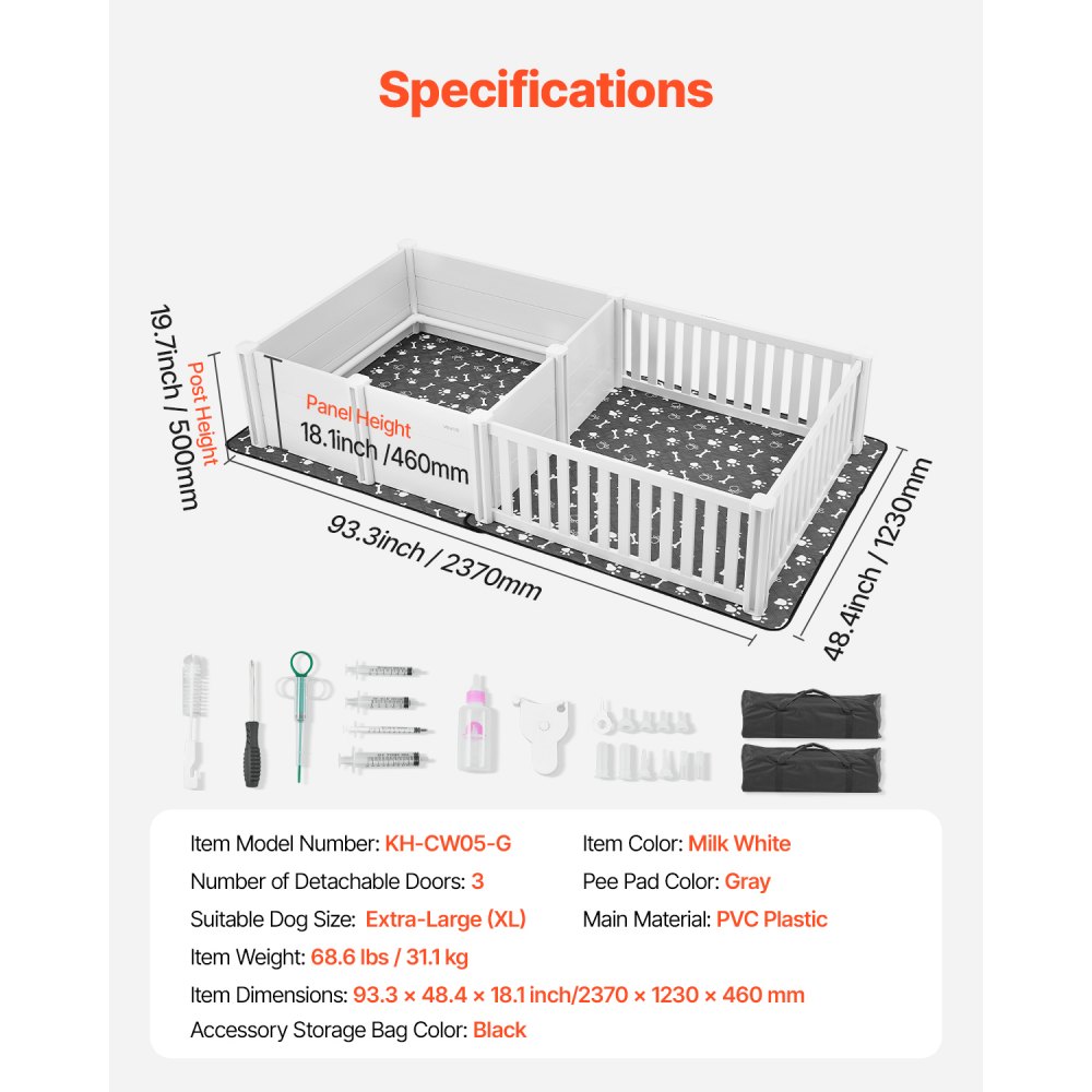 VEVOR Kojec dla szczeniąt, 237 x 123 x 46 cm, plastikowy kojec z PVC z drzwiczkami o regulowanej wysokości i zmywalną matą higieniczną, układ 2 pomieszczeń, klatka dla szczeniąt bardzo dużych psów, kolor mlecznobiały