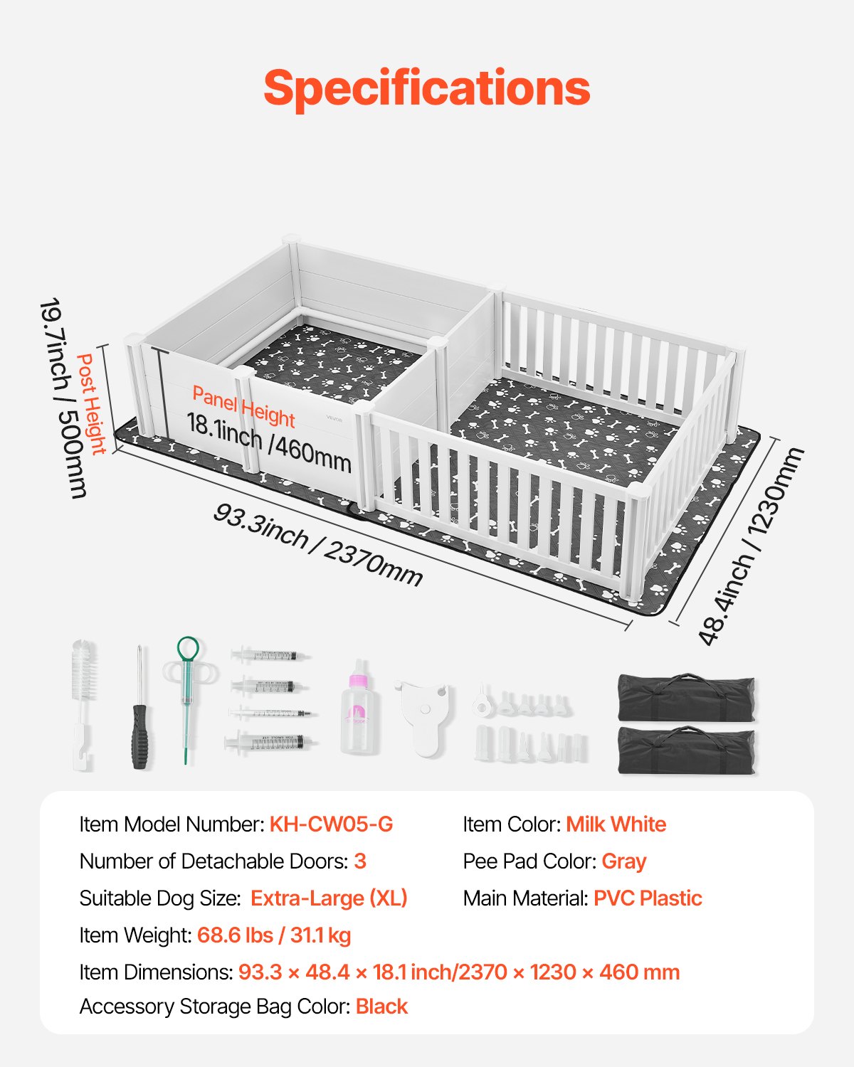 VEVOR Kojec dla szczeniąt, 237 x 123 x 46 cm, plastikowy kojec z PVC z drzwiczkami o regulowanej wysokości i zmywalną matą higieniczną, układ 2 pomieszczeń, klatka dla szczeniąt bardzo dużych psów, kolor mlecznobiały