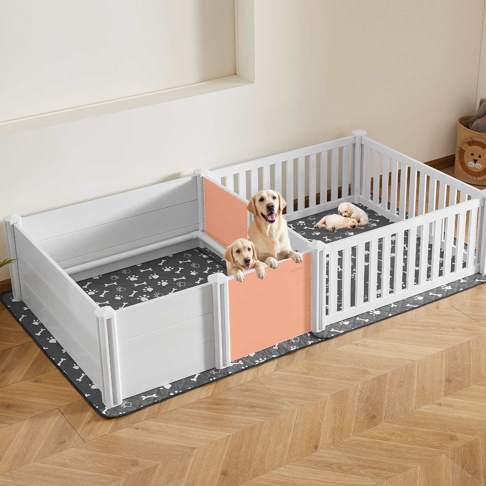 VEVOR Kojec dla szczeniąt, 237 x 123 x 46 cm, plastikowy kojec z PVC z drzwiczkami o regulowanej wysokości i zmywalną matą higieniczną, układ 2 pomieszczeń, klatka dla szczeniąt bardzo dużych psów, kolor mlecznobiały