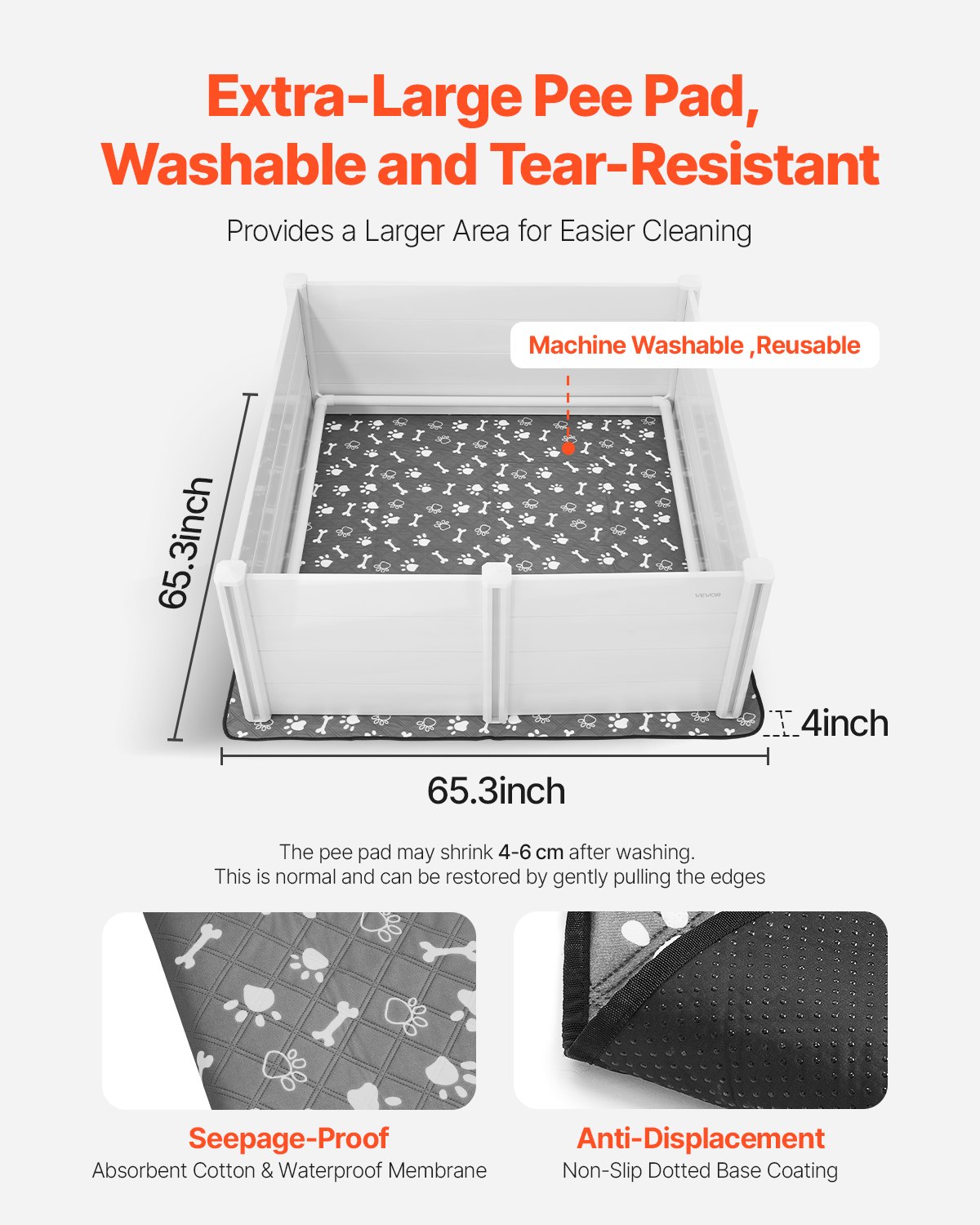 VEVOR Kojec dla szczeniąt, 1520 x 1520 x 610 mm, plastikowy kojec z PVC z drzwiczkami o regulowanej wysokości i zmywalną matą do oddawania moczu, klatka dla szczeniąt bardzo dużych psów, mleczno-biały