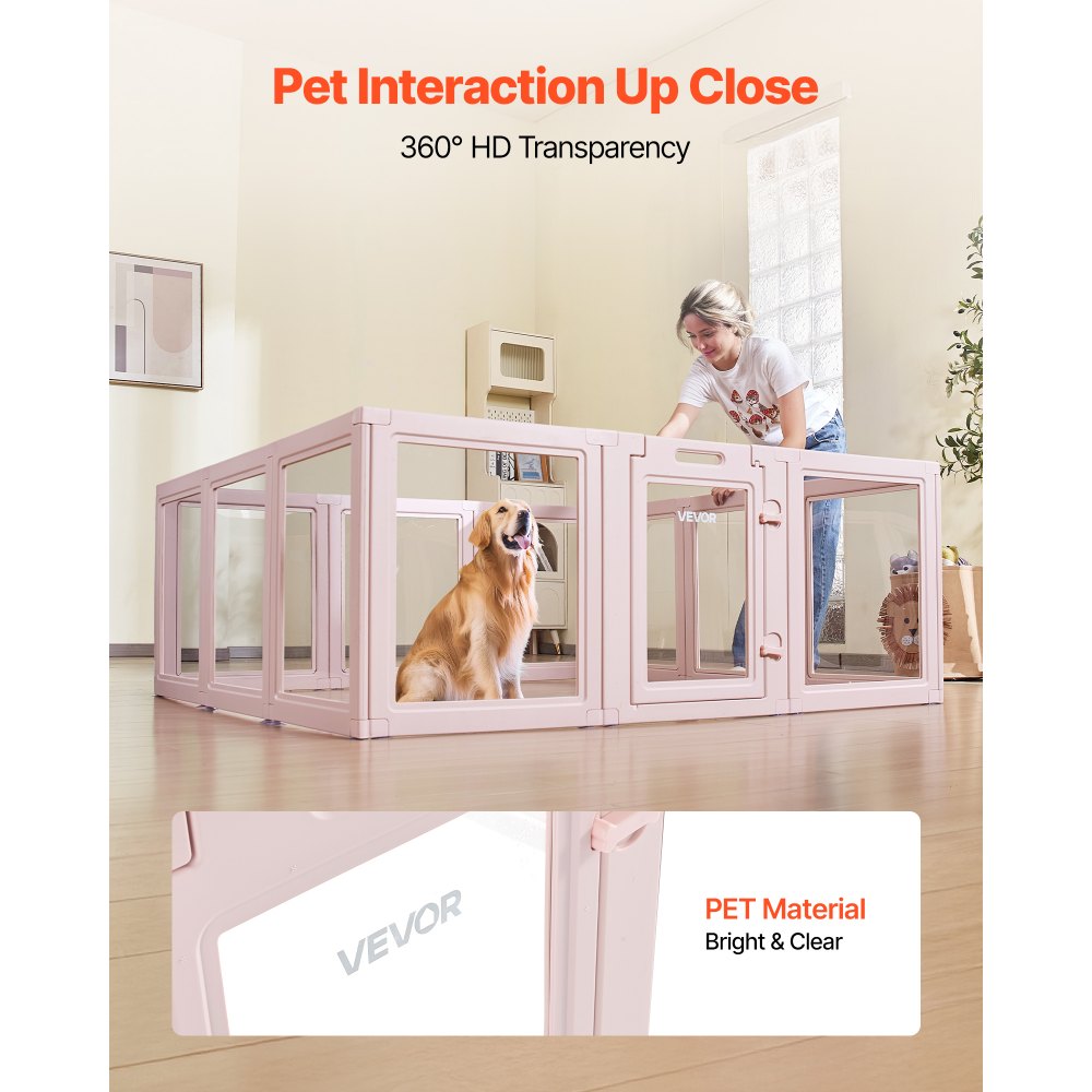 VEVOR Puppy Wheatbox, 1540x1500x600 mm, kojec dla szczeniąt, z przezroczystymi okienkami i zamkiem, różowa rama, kojec dla psów, wybieg dla zwierząt, kojec dla bardzo dużych psów
