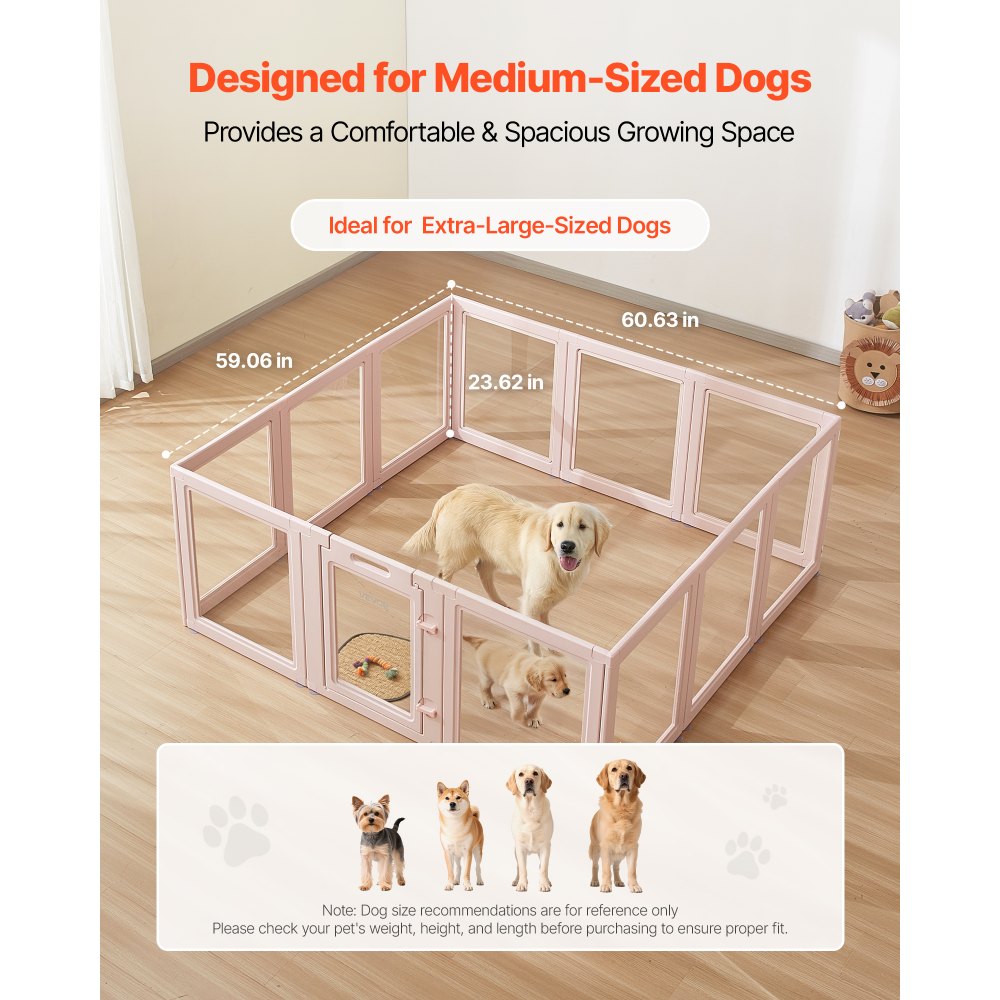 VEVOR Puppy Wheatbox, 1540x1500x600 mm, kojec dla szczeniąt, z przezroczystymi okienkami i zamkiem, różowa rama, kojec dla psów, wybieg dla zwierząt, kojec dla bardzo dużych psów