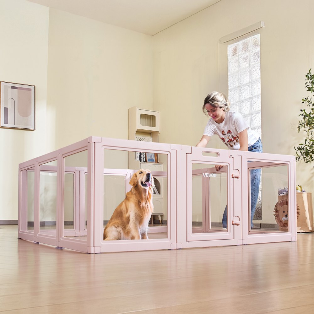VEVOR Puppy Wheatbox, 1540x1500x600 mm, kojec dla szczeniąt, z przezroczystymi okienkami i zamkiem, różowa rama, kojec dla psów, wybieg dla zwierząt, kojec dla bardzo dużych psów