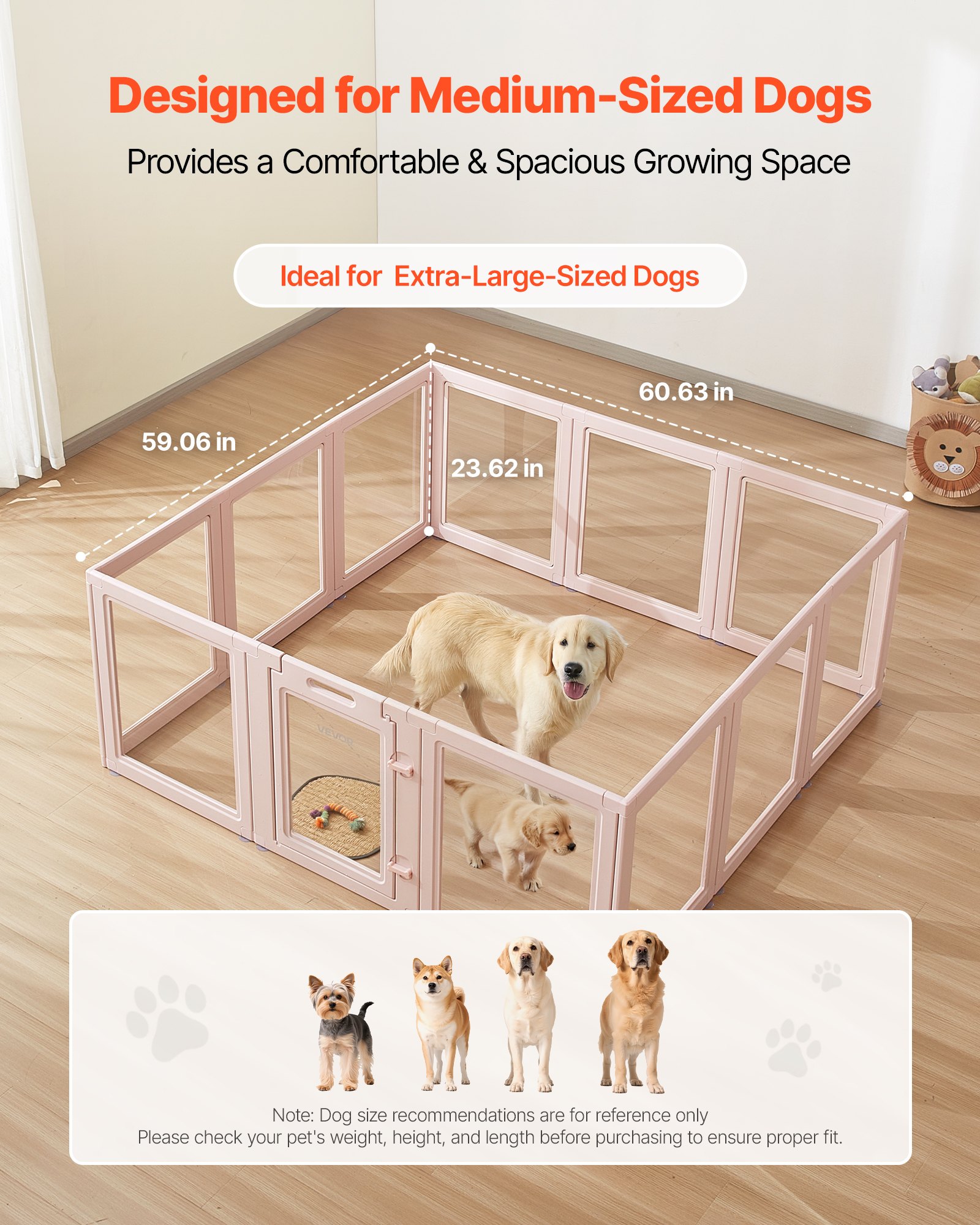 VEVOR Puppy Wheatbox, 1540x1500x600 mm, kojec dla szczeniąt, z przezroczystymi okienkami i zamkiem, różowa rama, kojec dla psów, wybieg dla zwierząt, kojec dla bardzo dużych psów