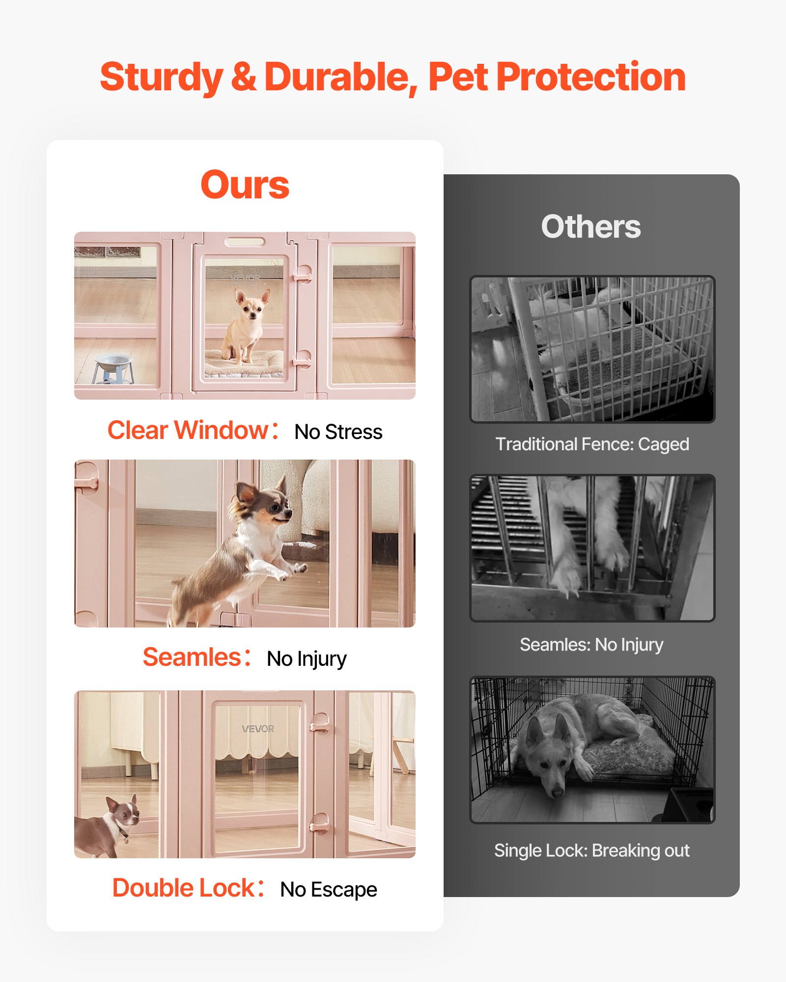 VEVOR Puppy Wheatbox, 1540x1000x600 mm, kojec dla szczeniąt, z przezroczystymi okienkami i zamkiem, różowa rama, kojec dla psów, kojec dla zwierząt, kojec dla psów średnich