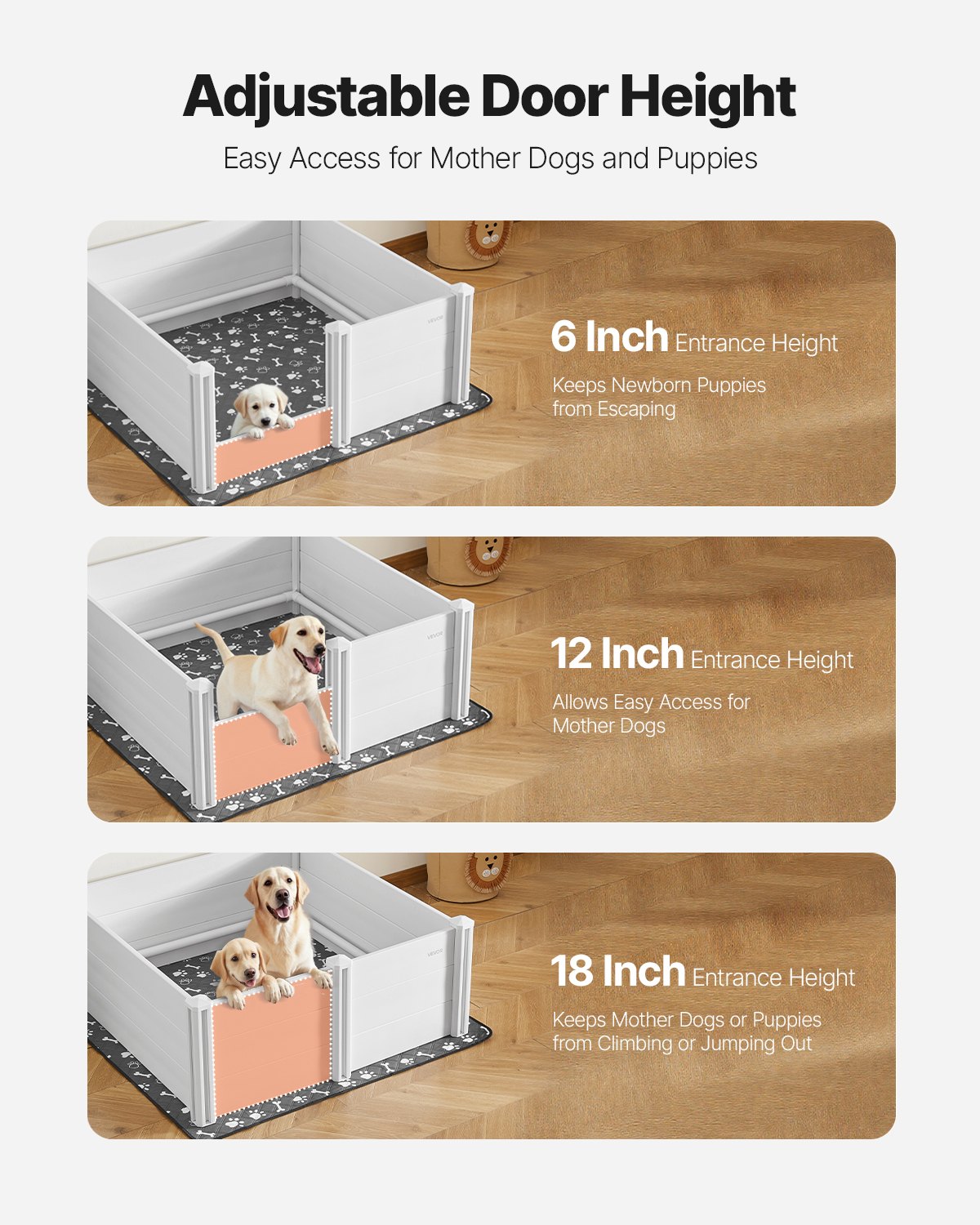 VEVOR Pudel dla Szczeniąt, 122 x 122 x 46 cm, Plastikowy kojec dla szczeniąt z PVC, z drzwiczkami o regulowanej wysokości i zmywalną matą higieniczną, Odporny na odkształcenia kojec dla dużych psów, Kolor mlecznobiały