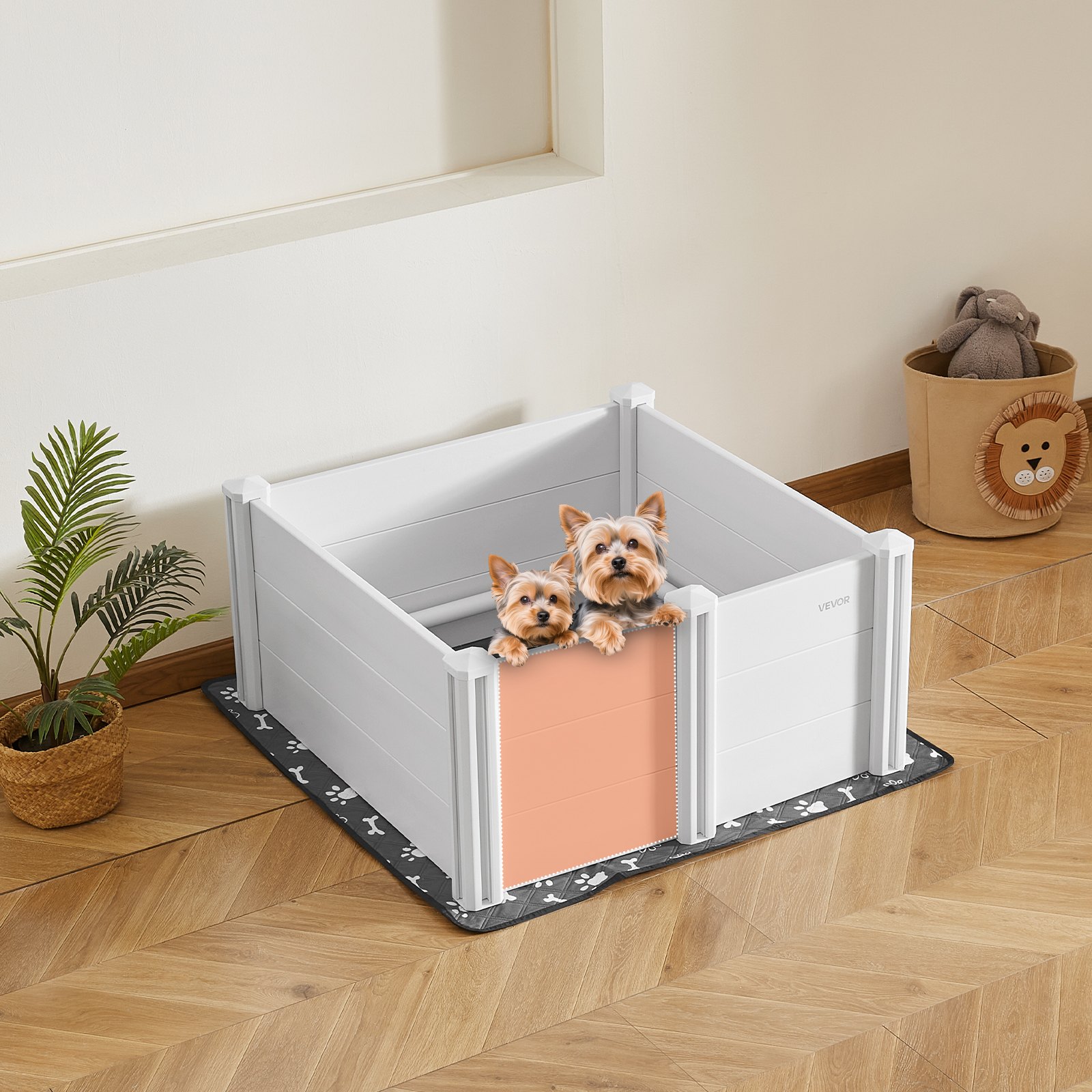 VEVOR Pudel dla psa, 98 x 98 x 46 cm, plastikowy kojec dla szczeniąt z PVC, z drzwiczkami o regulowanej wysokości i zmywalną matą higieniczną, odporny na odkształcenia, dla psów średniej wielkości, mlecznobiały