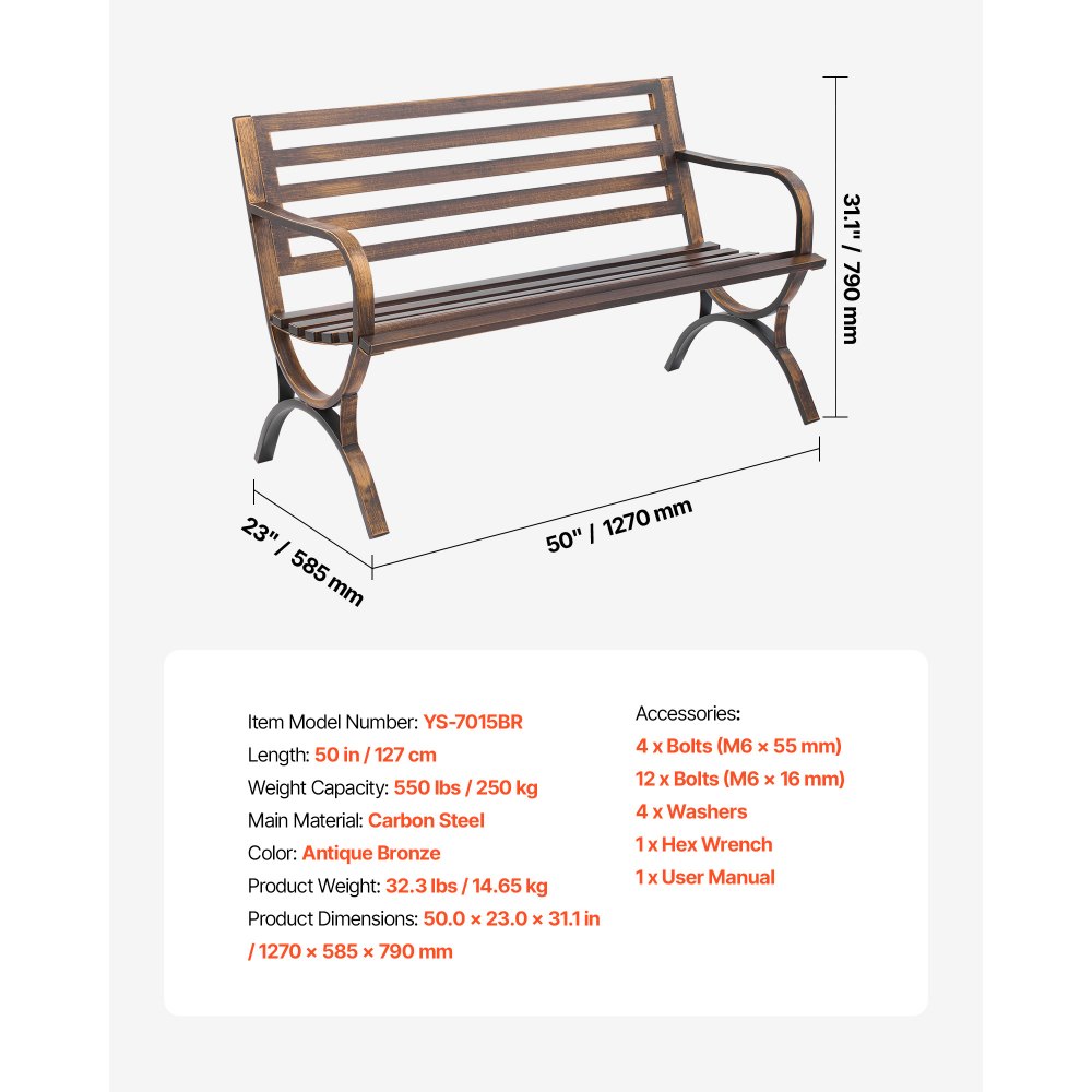 Ławka ogrodowa VEVOR, meble ogrodowe, 127 cm, nośność 250 kg, ławka ogrodowa, ławka na patio, ławka werandowa z wzorem listewkowym i podłokietnikami o zaokrąglonych krawędziach, ławka balkonowa z metalową ramą do parku, antyczny brąz
